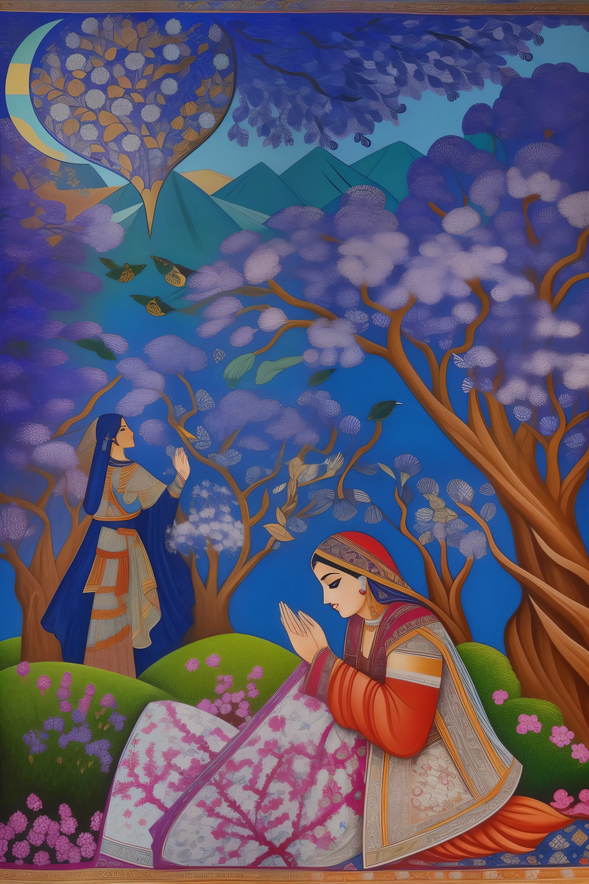 painting of a woman kneeling on a rock with a in the background, persian folktale artstyle, by Sohrab Sepehri, by Abdullah Gërguri, by Taravat Jalali Farahani, persian folktale art style, by John Moonan, by Mahmoud Farshchian, by Lubna Agha
