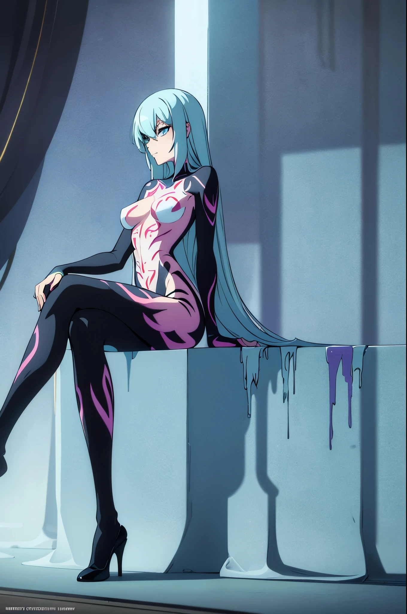 a sexy woman, fog, soft light, (best quality), (masterpiece), slim, anime, tall, (body painting:1.4), (full body view), (sitting), (crossed legs)