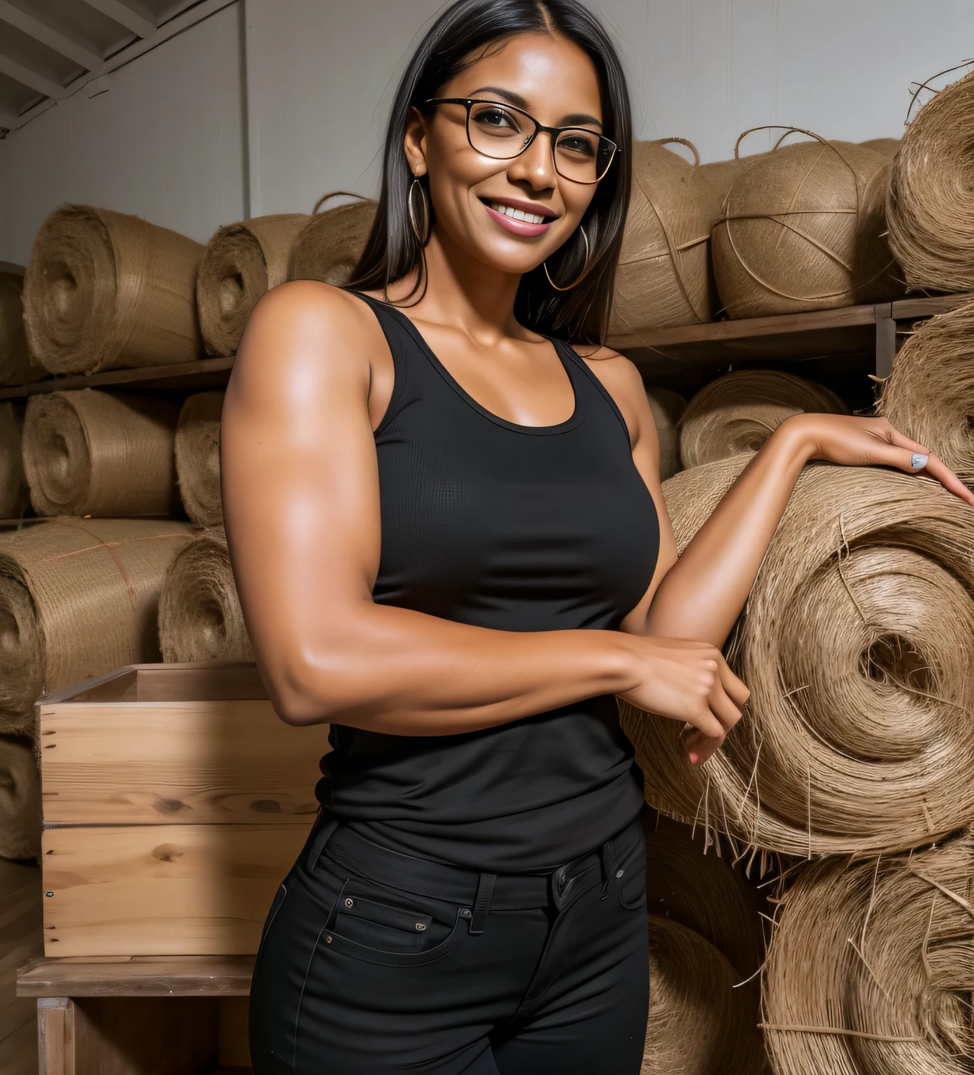 mulher na frente de uma pilha de feno, vestindo uma blusa preta, perto do corpo dela, wearing clear glasses, seios exuberantes. photographic portrait, imagem de perfil, mulher de 30 anos, pilar, 3 Brazilian mother of 5 years, imagem central, album photo. Mulher na casa dos 35 anos. Mulher com branco, pele bronzeada e cabelos escuros. ela tem cerca de 35 anos. Her pink lips, seus olhos castanhos escuros. Corpo fino, cintura fina. lindo, altamente realista, Mulher bonita, slightly pink lips, slightly pink lipstick, sorridente, feeling of lightness and joy, pele muito elaborada. foto clara, alta qualidade, high resolution, obra de arte, 8K.