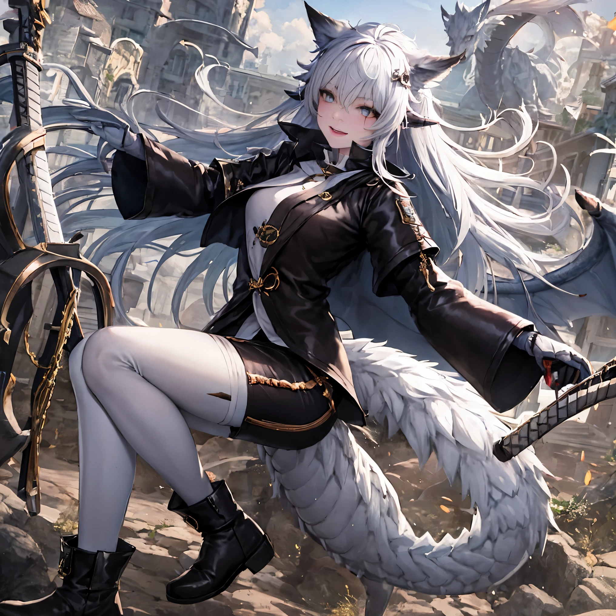 masterpiece, 8k resolution, high quality, high resolution, best quality, extremally detailed, best resolution, absurd resolution, ray tracing, high detailed, extremely detailed,detailed face, shoulder length white hair, female, 2 white fox ears, teenage girl, slime body, white scale dragon tail, military boots,black leggings, military combat pants, black T-shirt, white jacket open, medium size chest, detailed blue eyes,solo female,1 dragon tail, tomboyish, thick dragon tail, white scales, 2 dragon wings, white fluffy dragon wings, detailed face, holding a katana sword,very detailed, amazing details,solo female, 1 female, detailed two white furry dragon wings