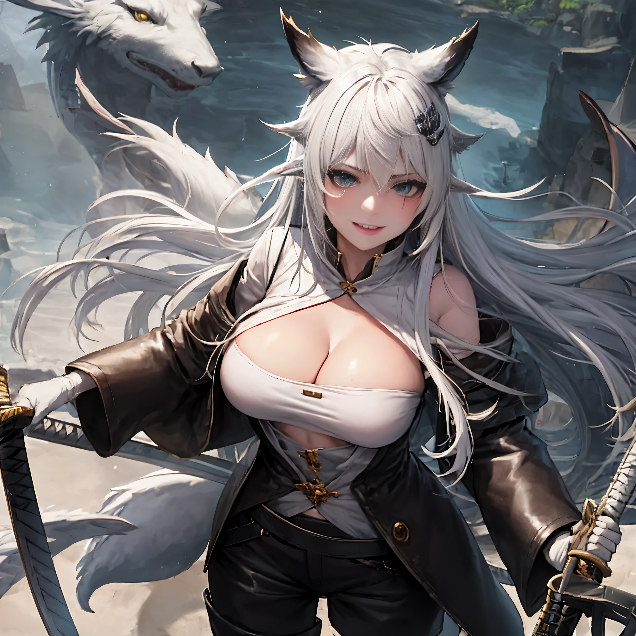 masterpiece, 8k resolution, high quality, high resolution, best quality, extremally detailed, best resolution, absurd resolution, ray tracing, high detailed, extremely detailed,detailed face, shoulder length white hair, female, 2 white fox ears, age girl, slime body, white scale dragon tail, military boots,black leggings, military combat pants, black T-shirt, white jacket open, medium size chest, detailed blue eyes,solo female,1 dragon tail, tomboyish, thick dragon tail, white scales, 2 dragon wings, white fluffy dragon wings, detailed face, holding a katana sword,very detailed, amazing details,solo female, 1 female, detailed two white furry dragon wings