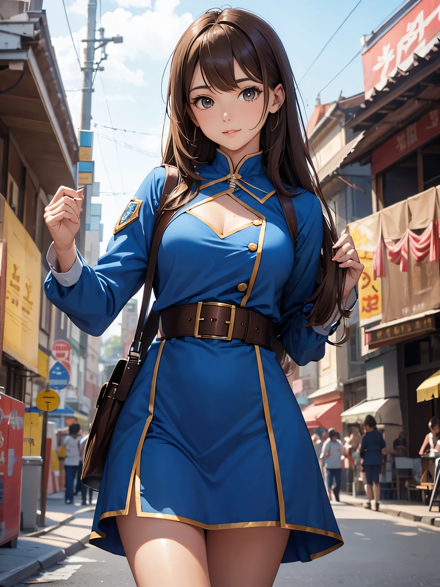 A mature girl, brown hair, wearing blue costume