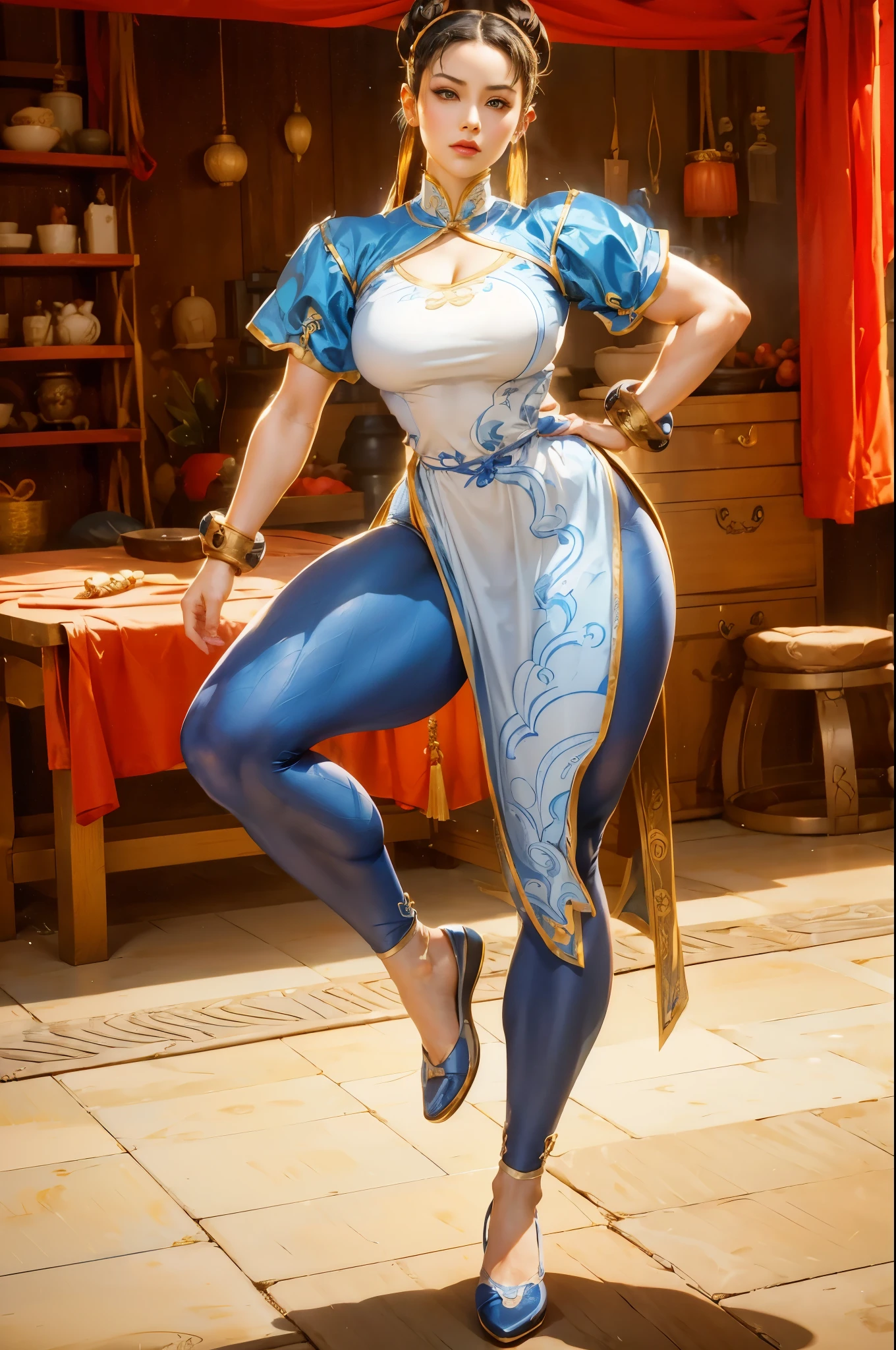 araffe dressed in a blue and white outfit posing for a picture, chun li at the gym, chun li, portrait of chun - li, chun-li, chun - li, portrait of chun li, thicc, most strongest pose, full body xianxia, character is in her natural pose, cammy, fighting game character, perfect dynamic pose
