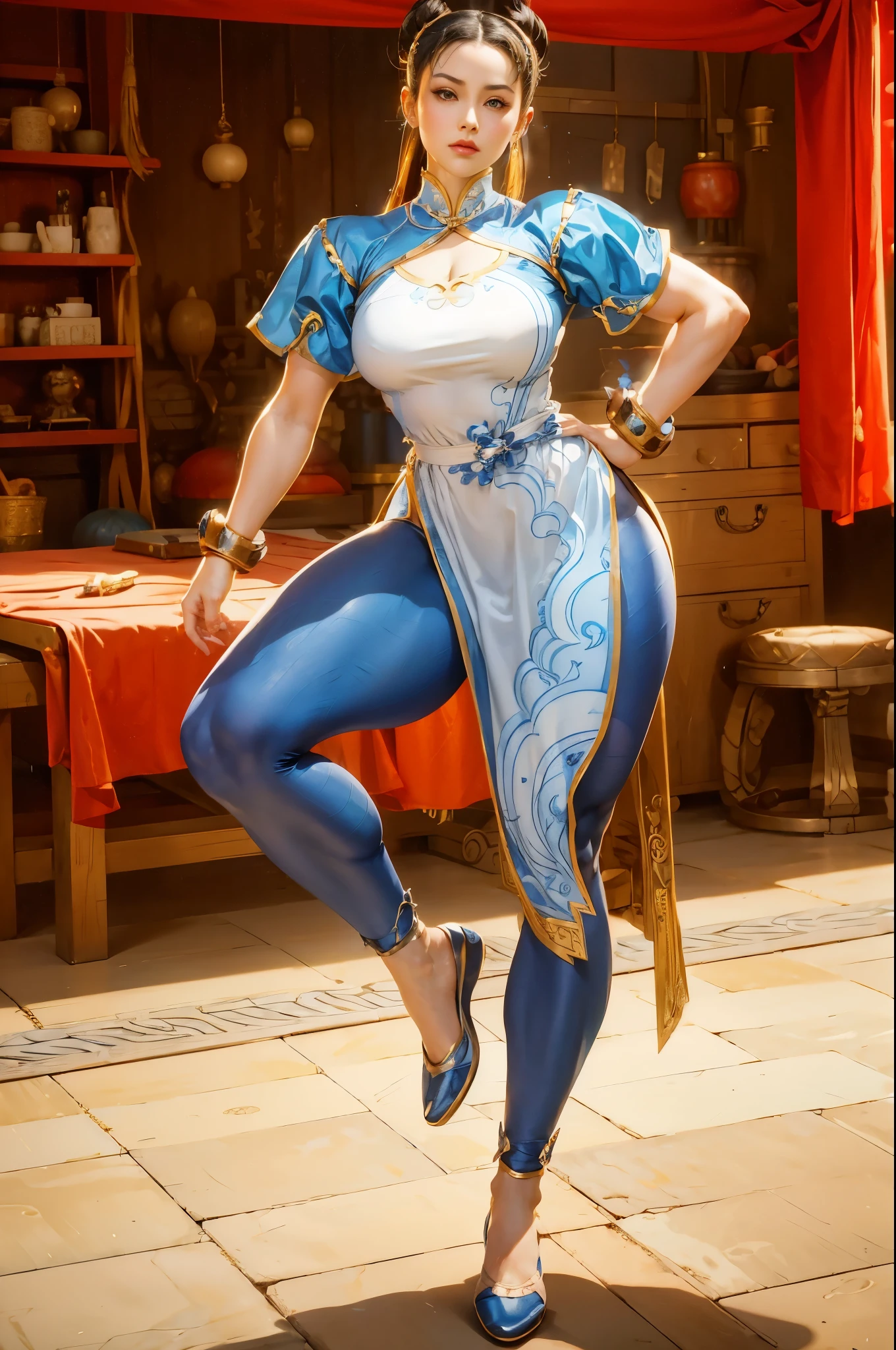araffe dressed in a blue and white outfit posing for a picture, chun li at the gym, chun li, portrait of chun - li, chun-li, chun - li, portrait of chun li, thicc, most strongest pose, full body xianxia, character is in her natural pose, cammy, fighting game character, perfect dynamic pose