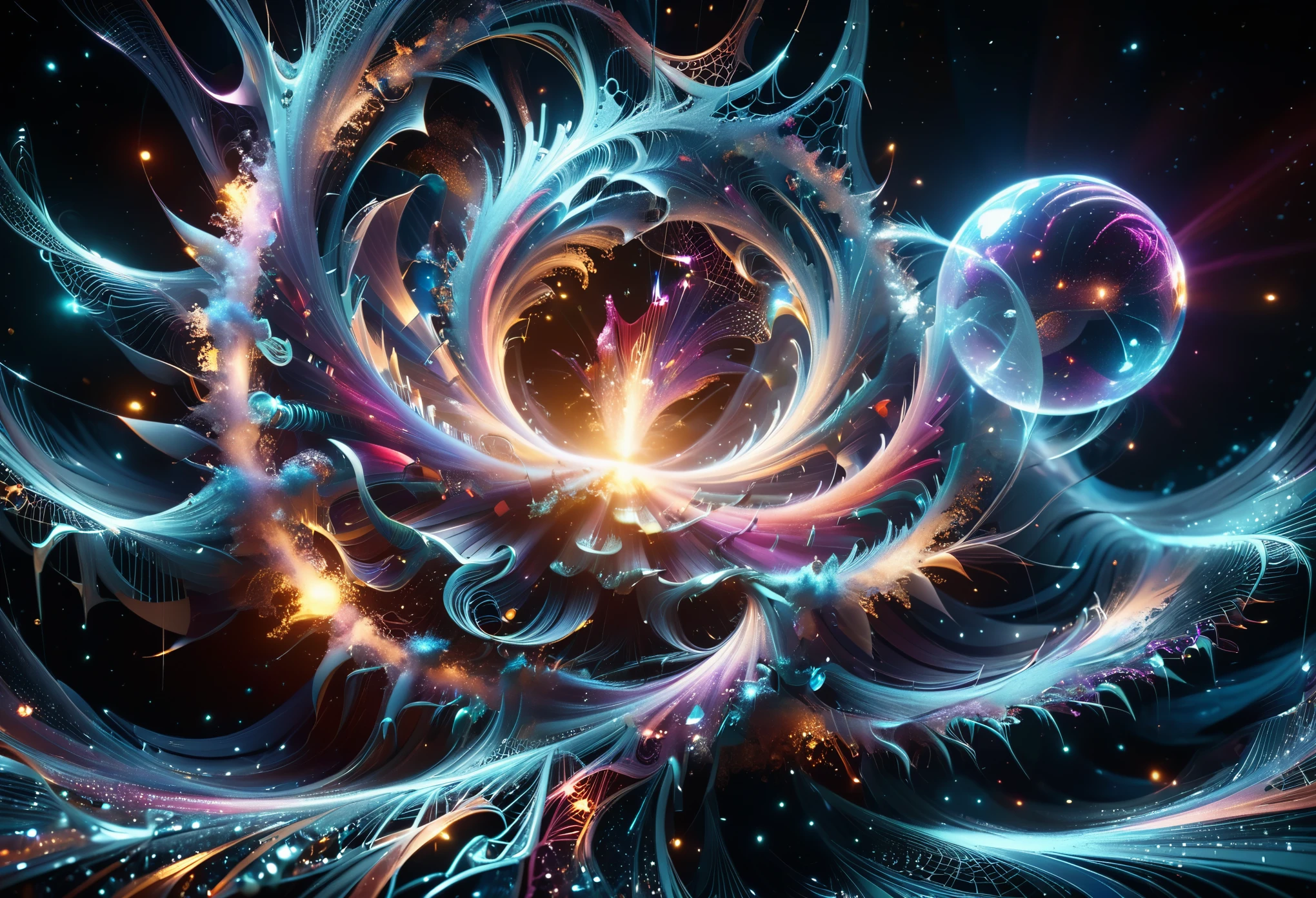 a computer generated image of a spiral with a glowing orb, swirling magical energy, softly swirling magical energy, swirling flows of energy, cosmic energy wires, channeling swirling energy, galactic dmt entity, elaborate digital art, shards and fractal of infinity, swirling energy, glowing fractals, sacred fractal structures, beautiful cosmic neural network, hyperrealistic, photorealistic, hyperdetailed, award winning masterpiece, best quality, UHD 16k 8k Ultra HD, highres, absurdres, HDR, Ultra Sharp Octane Render Photograph shot with prime lens ARRI ALEXA 65 sharp infinity focus, complex filigree, intricate ornamentation, filament of glowing optic fibers, holographic dust, layered detailing, Displacement Mapping, Path Tracing, Photon Mapping, V-Ray, Hardware Ray Tracing with Lumen, Lumen Global Illumination, Ray Traced Contact Shadows, Lumen Reflections with Ray Tracing Translucency, Ray Tracing Reflections, Ray Tracing Ambient Occlusion, SSAO, Subsurface Scattering, Ultra High Lumen Scene Detail with Detail Tracing, Max Details, Ultra Meticulous, Intricate Details, Ultra Complex, Focus Stacking, Sharp Focus, Crystal Clear, DSLR, RAW, 3d Shading, Diffuse Light, Tone Mapped, Best Surface Texture Finish, Sharp Defined Edges with Anti-Aliasing, DLAA, DLSS, FKAA, TXAA, RTX, OpenGL-Shaders, GLSL-Shaders, Best Shader Quality, Perfect Composition, Postprocessing, Postproduction, CGI, VFX, SFX, Color Magic, High Contrast, Unreal Engine 5 