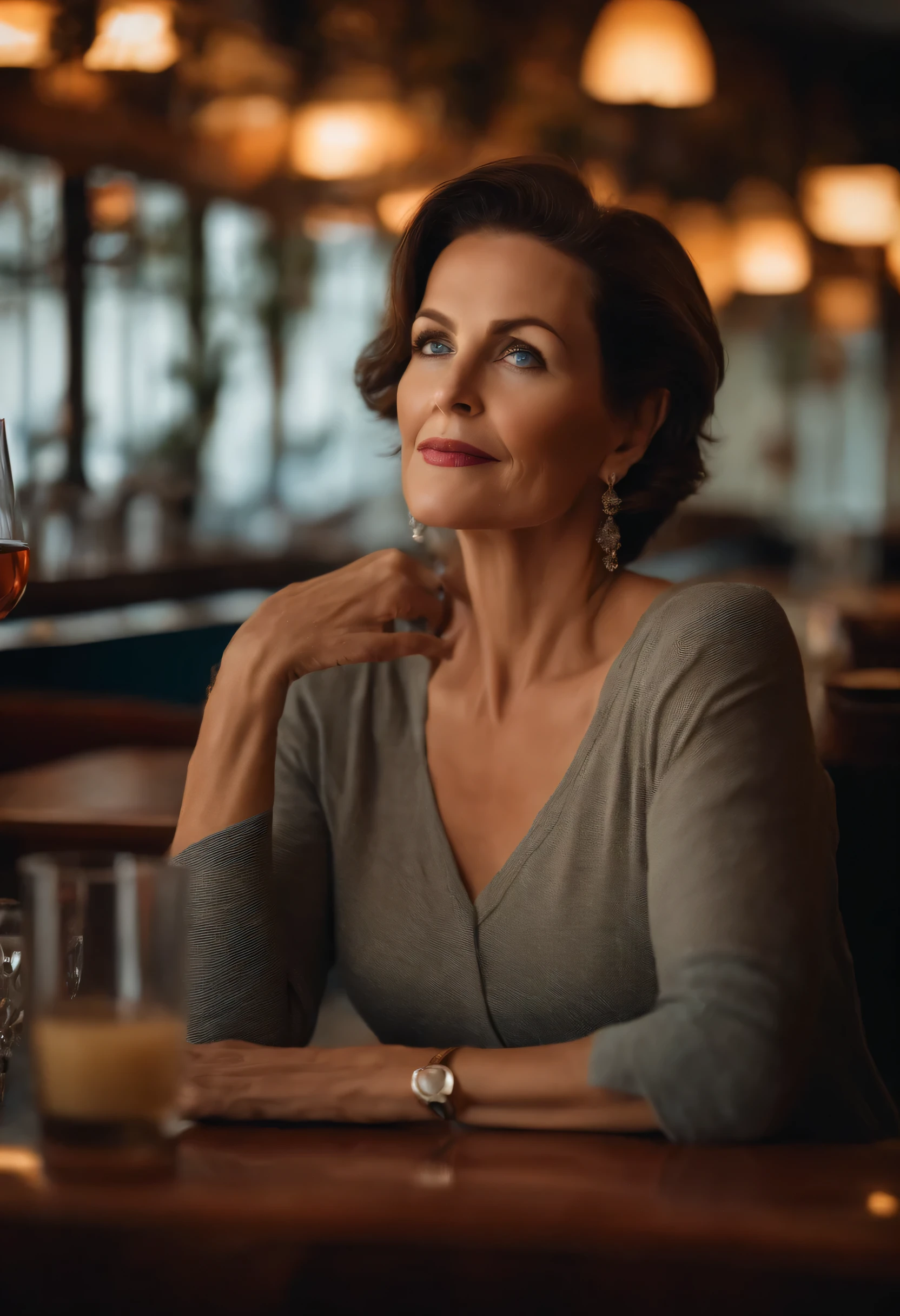 mature woman 46 YEARS OLD big cat eyes tall, short brown hair blue eyes square kiss pretty, sitting inside a restaurant