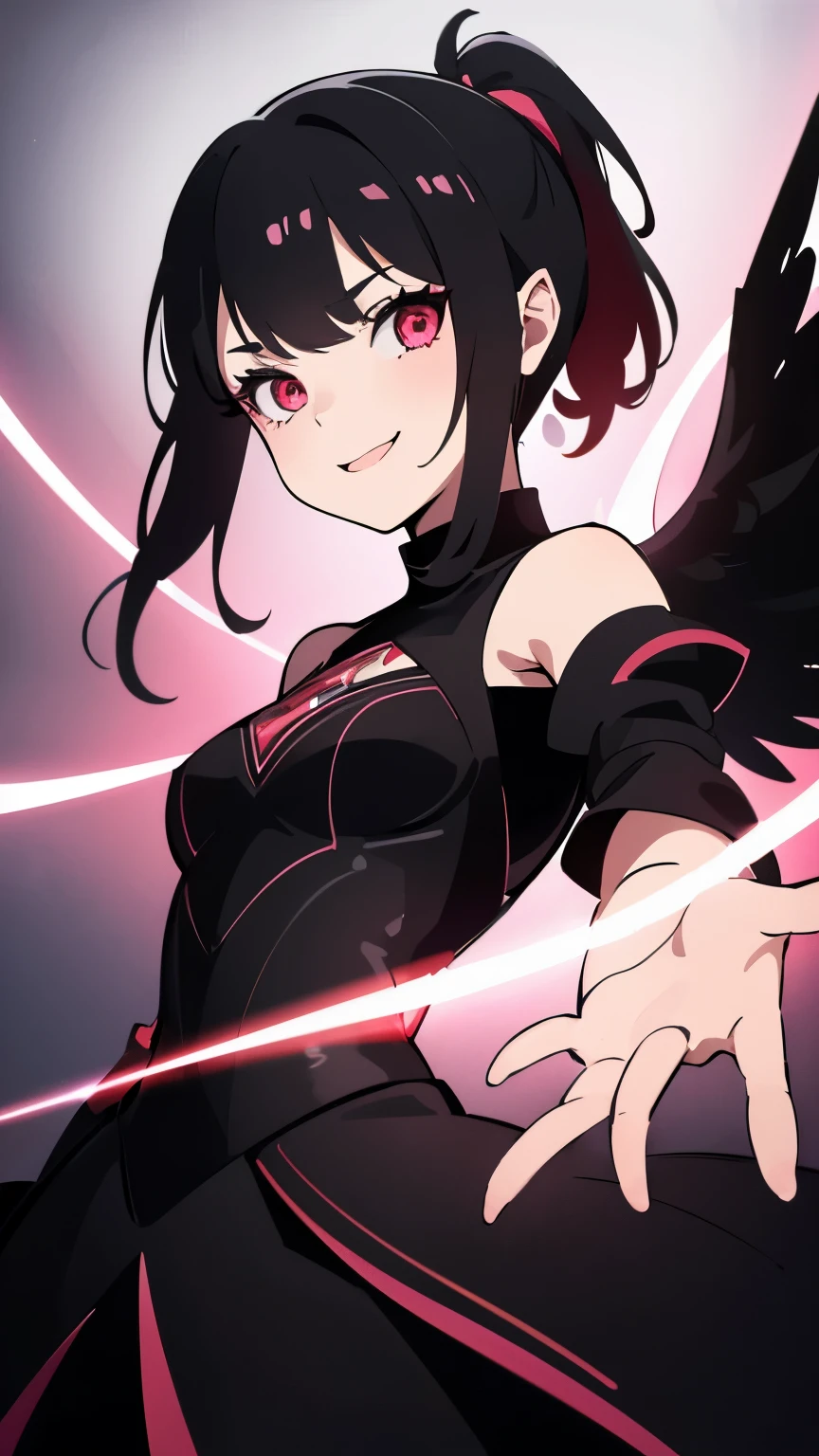 1girl, fairy girl, small, fairy wings, ((glowing pink fairy wings)), (fairy wings), Black hair color, ponytail hairstyles, short ponytail, red eye color, wearing leather armor, silver shoulder pads, black clothes,(glowing eyes), high resolution, extremely detailed CG unity 8k wallpaper, ((masterpiece)), ((top-quality)), (beautiful illustration), ((an extremely delicate and beautiful)), (masterpiece, Best quality, ultra high resolution), 1 girl, pale skin, Black Crown, red eyes, Luminous_eyes, neon red eyes, ultra detailed eyes, Beautiful and detailed face, detailed eyes, (Centered, torso), (wide shot:0.9), facing the viewer, Eye level, (floating hair), character focus, ((black light)), ((dark lighting)), cinematic lighting ,(darkness), (concept art), ((energetic face)), wide open smile, waving excitedly, dark black hair, ((red eyes))