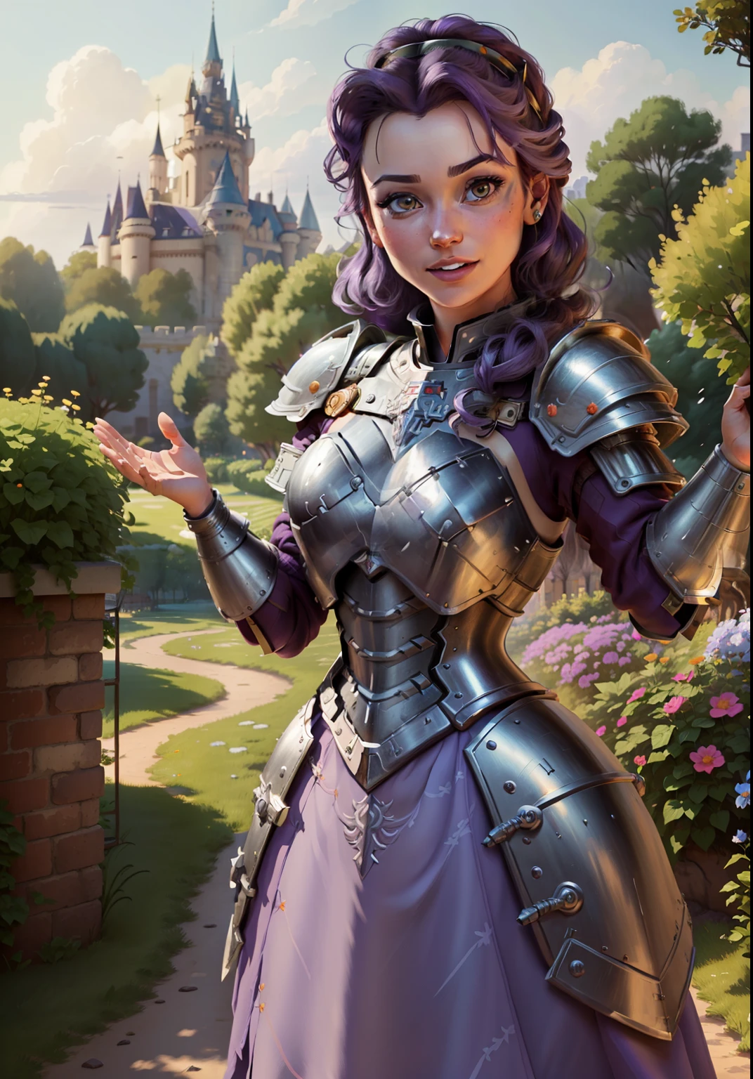 (BelleWaifu:1), (knight's armor:0.3), the garden in the background, surprised, cute, cute pose, (flirting), looking at the viewer, (square hairstyle), (purple hair), (red skirt:0.7), (An armored lifter on a body:1.5), (open arms:1), :D, (realistic: 1), (cartoon), (masterpiece: 1.2), (best quality), (over-detailed), (8k, 4k, intricate), (full-length shot: 1), (cowboy shot: 1.2), (85mm), light particles, lighting, (very detailed: 1.2), (detailed face: 1), (gradients), sfw, colorful, (detailed eyes: 1.2), (detailed landscape, trees, garden, castle:1.2),(detailed background), detailed landscape, (dynamic angle:1.2), (dynamic pose:1.2), (rule third_composition:1.3), (line of action:1.2), wide view, daylight, solo
