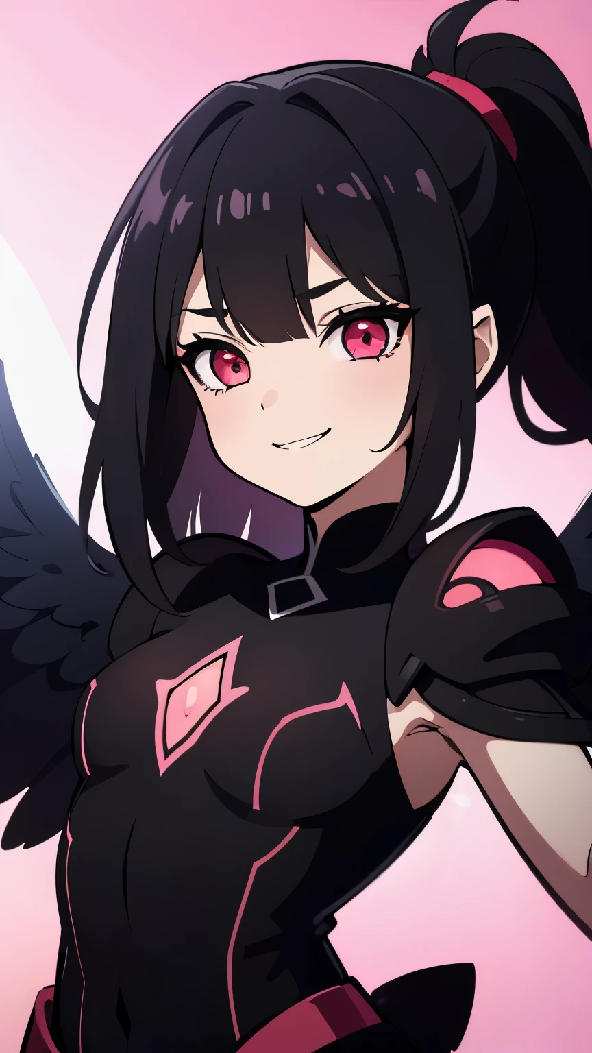 1girl, fairy girl, small, fairy wings, ((glowing pink fairy wings)), (fairy wings), Black hair color, ponytail hairstyles, short ponytail, red eye color, wearing leather armor, silver shoulder pads, black clothes,(glowing eyes), high resolution, extremely detailed CG unity 8k wallpaper, ((masterpiece)), ((top-quality)), (beautiful illustration), ((an extremely delicate and beautiful)), (masterpiece, Best quality, ultra high resolution), 1 girl, pale skin, Black Crown, red eyes, Luminous_eyes, neon red eyes, ultra detailed eyes, Beautiful and detailed face, detailed eyes, (Centered, torso), (wide shot:0.9), facing the viewer, Eye level, (floating hair), character focus, ((black light)), ((dark lighting)), cinematic lighting ,(darkness), (concept art), ((energetic face)), wide open smile, waving excitedly, dark black hair, ((red eyes))