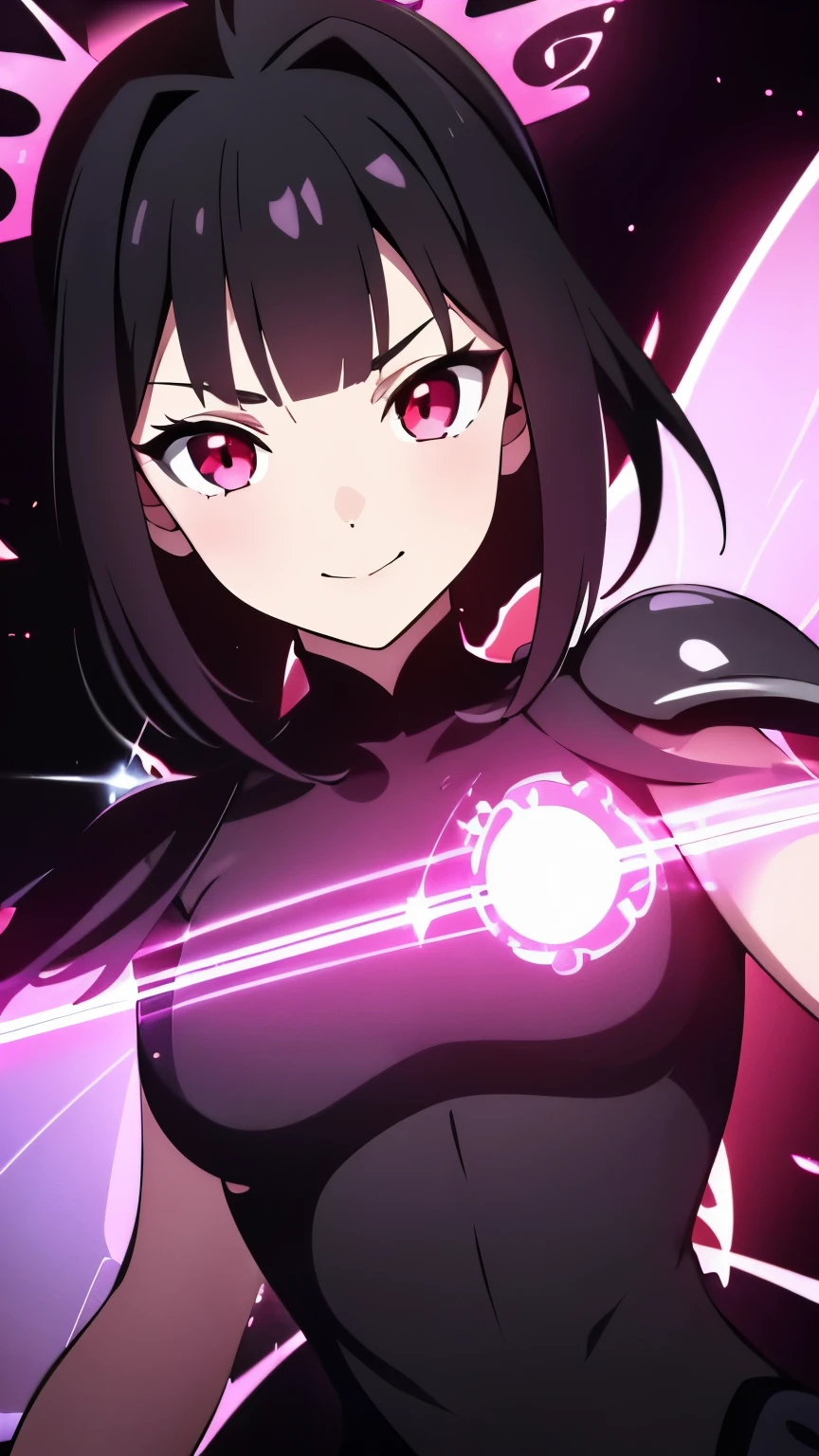 1girl, fairy girl, small, fairy wings, ((glowing pink fairy wings)), (fairy wings), Black hair color, ponytail hairstyles, short ponytail, red eye color, wearing leather armor, silver shoulder pads, black clothes,(glowing eyes), high resolution, extremely detailed CG unity 8k wallpaper, ((masterpiece)), ((top-quality)), (beautiful illustration), ((an extremely delicate and beautiful)), (masterpiece, Best quality, ultra high resolution), 1 girl, pale skin, Black Crown, red eyes, Luminous_eyes, neon red eyes, ultra detailed eyes, Beautiful and detailed face, detailed eyes, (Centered, torso), (wide shot:0.9), facing the viewer, Eye level, (floating hair), character focus, ((black light)), ((dark lighting)), cinematic lighting ,(darkness), (concept art), ((energetic face)), wide open smile, waving excitedly, dark black hair, ((red eyes))