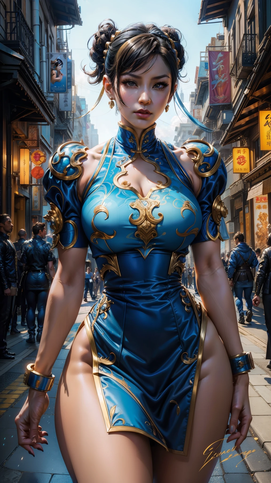 arafed woman in a blue and gold outfit walking down a street, portrait of chun - li, portrait of chun li, chun - li, chun-li, chun li, style ivan talavera and artgerm, extremely detailed artgerm, artgerm julie bell beeple, artgerm detailed, artgerm style