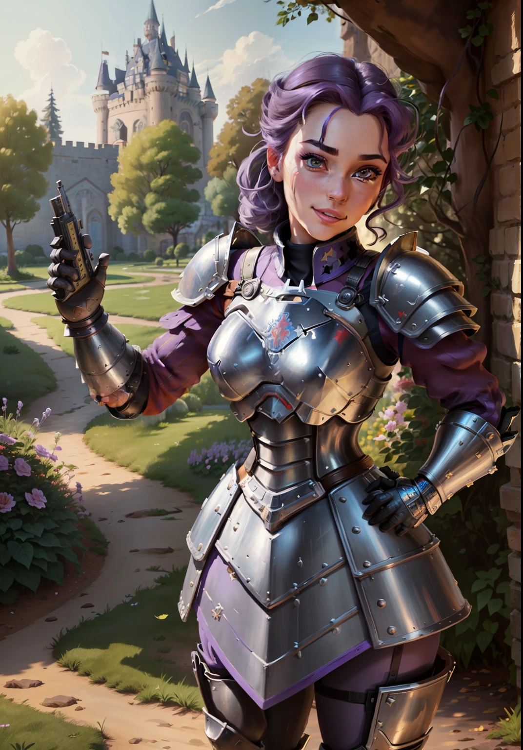 mountain antipaladin villainess, (armor:1.3), pauldrons, matte purple hair, Tri-Braided Bun, fighting stance, in Moscow ("at the quantum Tesseract, Long exposure":1.2), in a Tudor, Swiss landscape, bombshell hair, neon brown hair with beige highlights, twin drills, own hands together<lora:EnvyBeautyXL01:1>