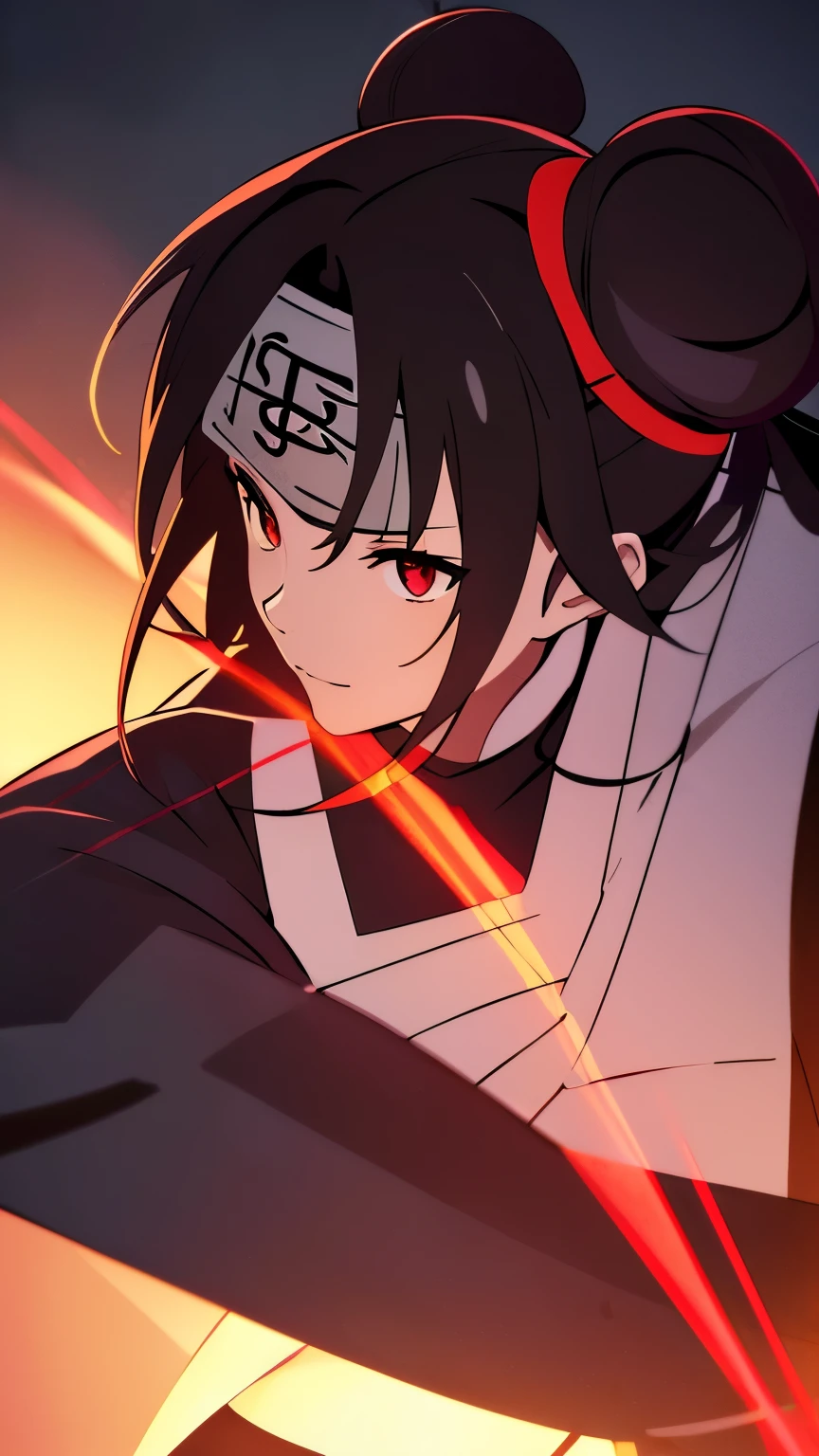 anime visual of a cute girl, young anime girl, an anime girl, ((Black hair)), ((Sharingan eyes)), red eyes, bun pigtails hairstyles, ((shinobi headband)), kunoichi clothes, anbu armor, shinobi clothes, ((outside in the Forrest)), ((red ribbon around hair buns)), combat dress, wearing red clothes, (glowing eyes), high resolution, extremely detailed CG unity 8k wallpaper, ((masterpiece)), ((top-quality)), (beautiful illustration), ((an extremely delicate and beautiful)), (masterpiece, Best quality, ultra high resolution), 1 girl, pale skin, red eyes, Luminous_eyes, neon red eyes, ultra detailed eyes, Beautiful and detailed face, detailed eyes, (Centered, torso), (wide shot:0.9), facing the viewer, back towards camera, low angle, (floating hair), character focus, ((black light)), ((dark lighting)), cinematic lighting ,(darkness), (concept art), ((Happy face)), dark black hair, ((red eyes)), (wearing red shinobi dress), AAA cup, full body