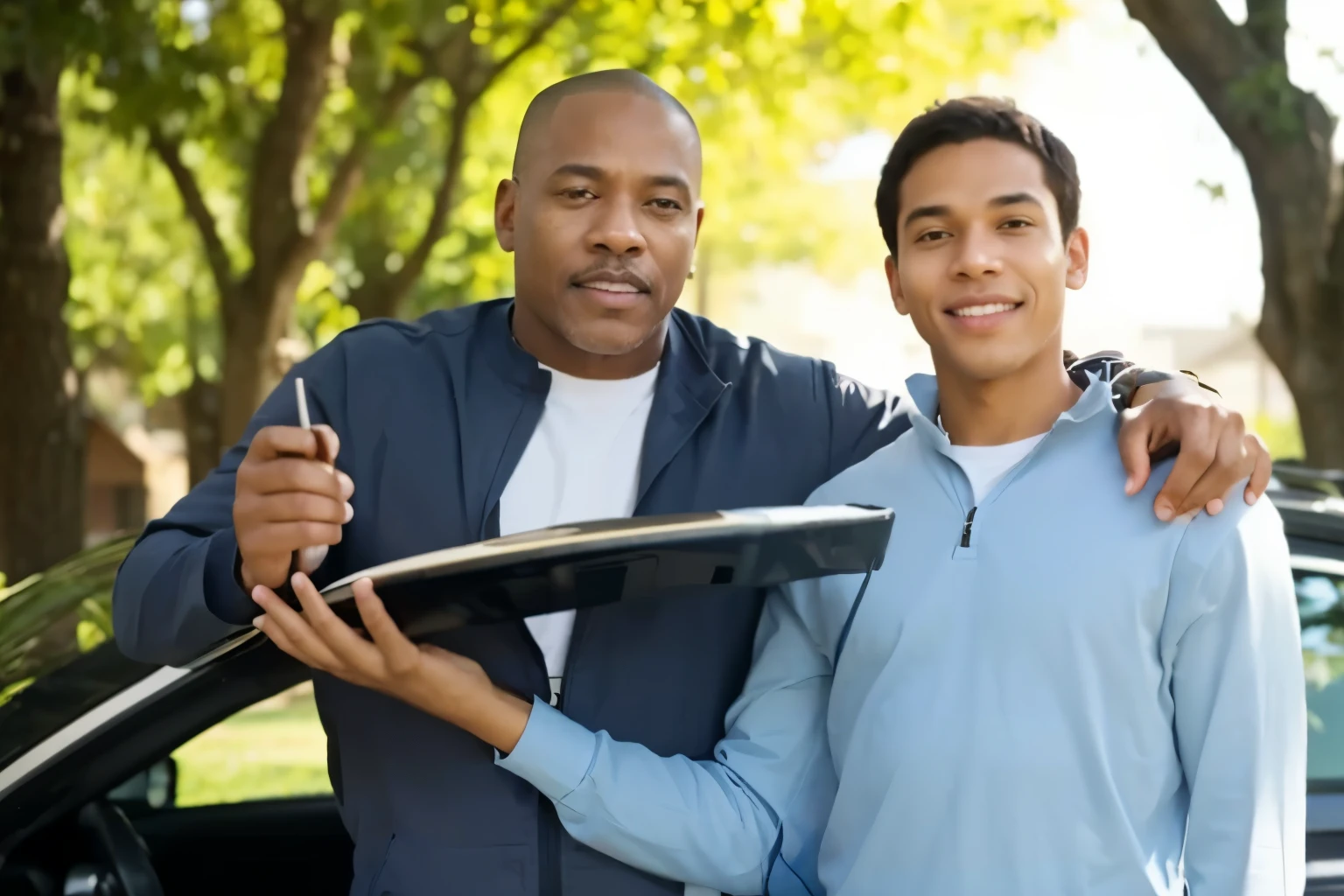 Transform the photo to where the father and son are holding masks of African American versions of themselvest