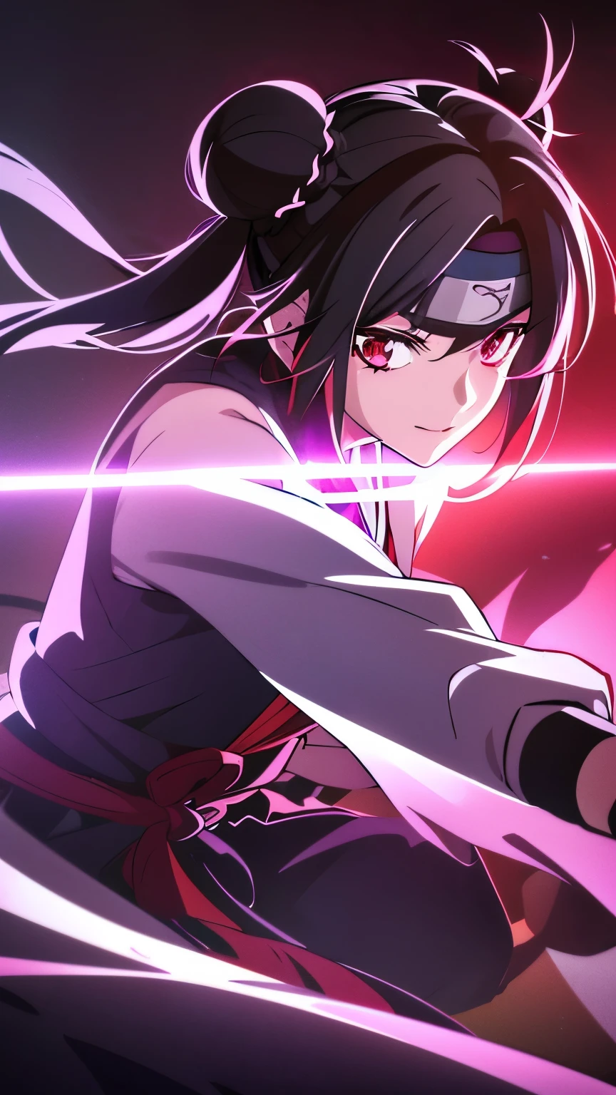 anime visual of a cute girl, young anime girl, an anime girl, ((Black hair)), ((Sharingan eyes)), red eyes, bun pigtails hairstyles, ((shinobi headband)), kunoichi clothes, anbu armor, shinobi clothes, ((outside in the Forrest)), ((red ribbon around hair buns)), combat dress, wearing red clothes, (glowing eyes), high resolution, extremely detailed CG unity 8k wallpaper, ((masterpiece)), ((top-quality)), (beautiful illustration), ((an extremely delicate and beautiful)), (masterpiece, Best quality, ultra high resolution), 1 girl, pale skin, red eyes, Luminous_eyes, neon red eyes, ultra detailed eyes, Beautiful and detailed face, detailed eyes, (Centered, torso), (wide shot:0.9), facing the viewer, back towards camera, low angle, (floating hair), character focus, ((black light)), ((dark lighting)), cinematic lighting ,(darkness), (concept art), ((Happy face)), dark black hair, ((red eyes)), (wearing red shinobi dress), AAA cup, full body