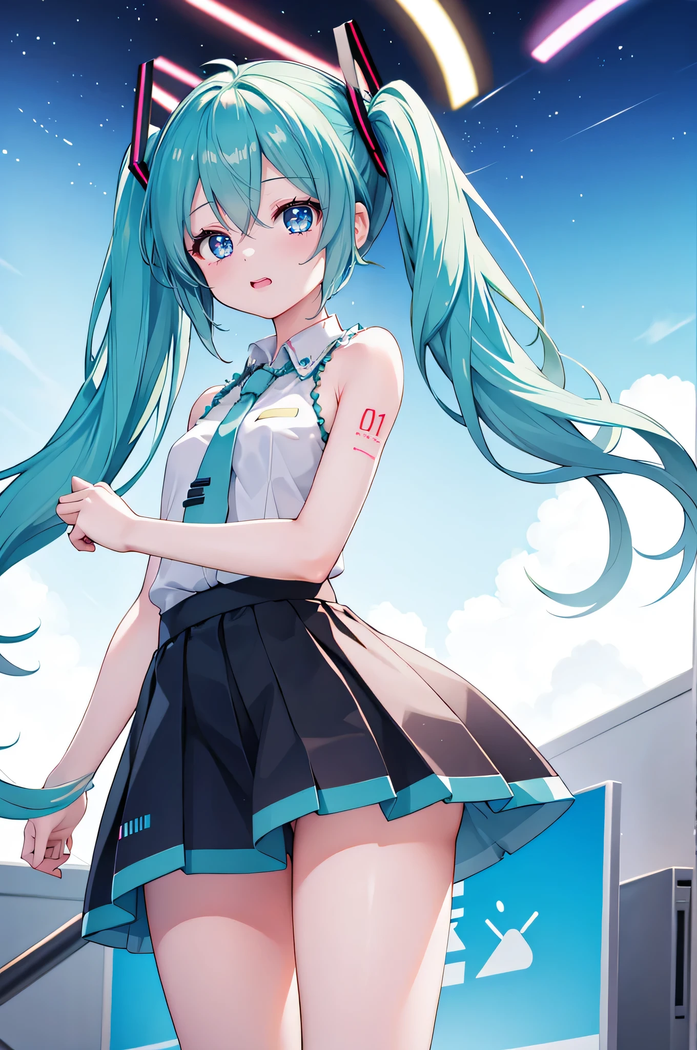hatsune miku　Show from head to thigh　cheeks are red　Natural Laughing Face　cute face　Live venue　small breasts　small ass　good style　color々なcolorのライト