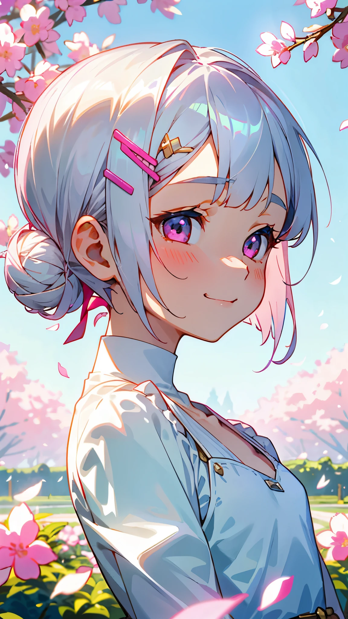 1 girl、small breasts、Short hairstyles for silver hair and bob、Hair tied up in a bun with a hair clip、Shining pink round eyes、From the side、evil smile、1 beautiful delicate portrait of a girl with a soft and peaceful expression、The scenery in the background is a garden with petals flying around.。