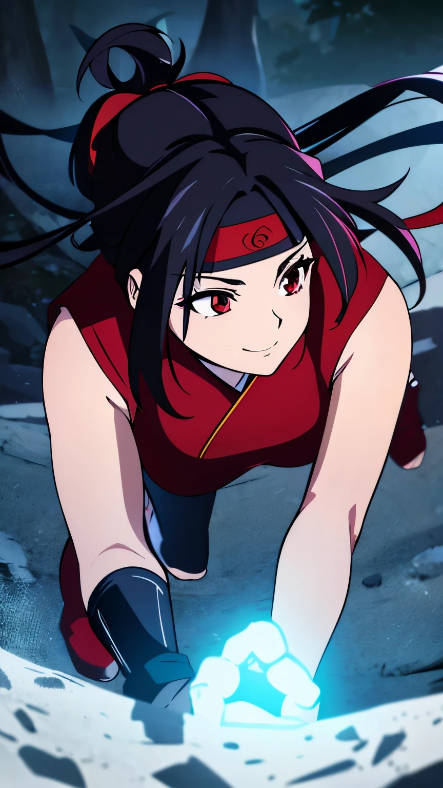 anime visual of a cute girl, young anime girl, an anime girl, ((Black hair)), ((Sharingan eyes)), red eyes, bun pigtails hairstyles, ((shinobi headband)), kunoichi clothes, anbu armor, shinobi clothes, ((outside in the Forrest)), ((red ribbon around hair buns)), combat dress, wearing red clothes, (glowing eyes), high resolution, extremely detailed CG unity 8k wallpaper, ((masterpiece)), ((top-quality)), (beautiful illustration), ((an extremely delicate and beautiful)), (masterpiece, Best quality, ultra high resolution), 1 girl, pale skin, red eyes, Luminous_eyes, neon red eyes, ultra detailed eyes, Beautiful and detailed face, detailed eyes, (Centered, torso), (wide shot:0.9), facing the viewer, back towards camera, low angle, (floating hair), character focus, ((black light)), ((dark lighting)), cinematic lighting ,(darkness), (concept art), ((Happy face)), dark black hair, ((red eyes)), (wearing red shinobi dress), AAA cup, full body