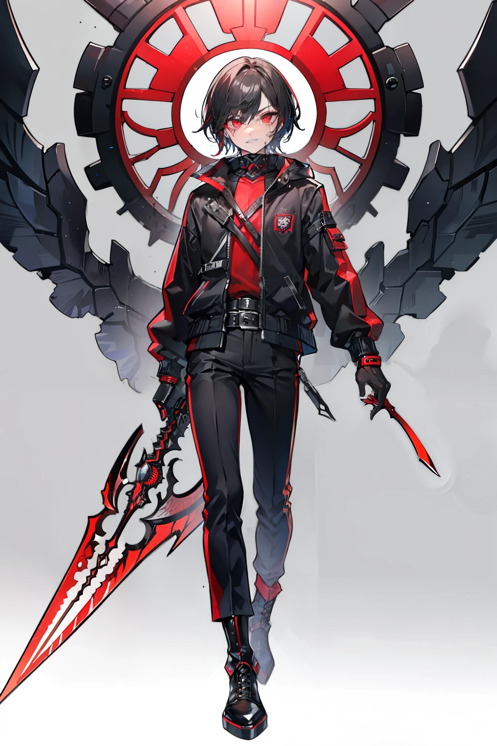 A age boy,male people,tall, masculine,rosto magro,Black eyeedium long hair,Black hair,hair messy,Black sweatshirt,long black jacket,Blood-red pattern,Black shirt,Dark gray trousers,boot,Gray backpack,Butterfly knife,hand gun,dual wielding,thief,exteriors,sci-fy,cyber punk perssonage,Interspersed with reality and unreality/realistic sense/Dimension wall,eventide,Run the track,MarketaB,control tower,neonlight,skyscrapper,Roof,City view,buliding,Riman,mtu,1 man,solo person,mitts,Sweatshirt,long-sleeved gloves,Open your clothes,Jacket with lapels,Combat posture,orthofacial,Floating hair,Messy hairstyle,Asymmetrical hairstyle - The hairstyle has obvious asymmetrical parts,defiance,arrogant face,grin face,exhilarated,crazy,Smug face,ridicule,High-top boots,boot,knifes,arma,hand gun,Small eyeballs,sideface,taunt,belt pouches,The wind blew up the jacket,Raise your knife,Wave forward,male people,1 man,Hook-lock gun,short detailed hair,Holding a butterfly knife,guffaw,big laughter,Normal eyes,Visual lens,Holding a butterfly knife,Eyes shining dark red,Vertical pupils,Blood red butterfly wings,Nails become longer,Go bananas,bloodthirsty,Hair flaunted,slaughter,Burning ruins background,Dull blood-colored sky,Hair fluttering in the wind,Go bananas,Become a demon