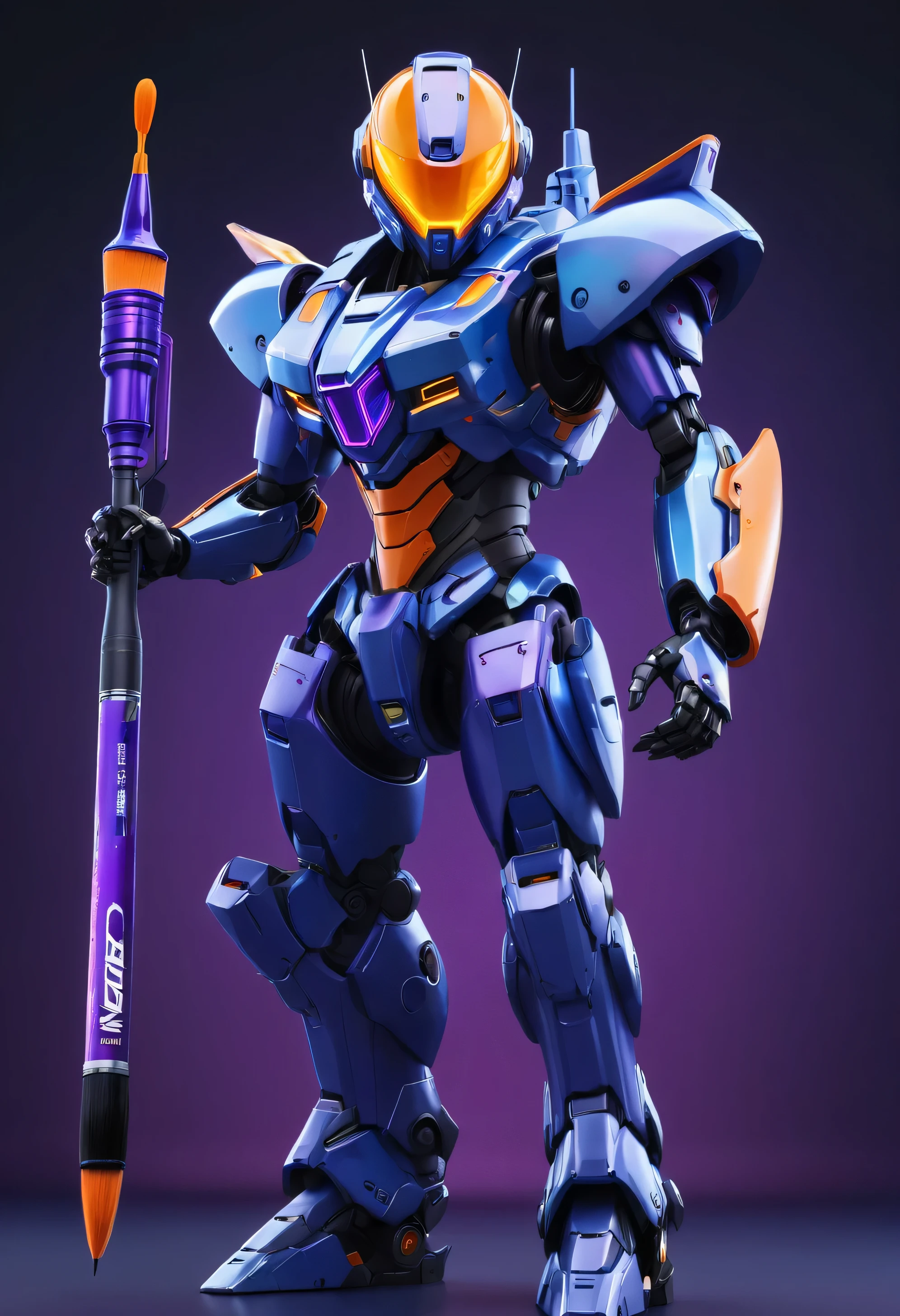 fashionable，wisdom，command image，Wearing dark blue phantom mecha，The helmet design is simple，Holding a simple giant paintbrush in hand，Smile and proud expression，blue eyes，purple hair，（（full body portrait）），The background is solid color，cyberpunk style，Exquisite details，HD，Ray tracing，3d rendering，to be able to see the whole body，There is an orange light behind，The background is solid color。