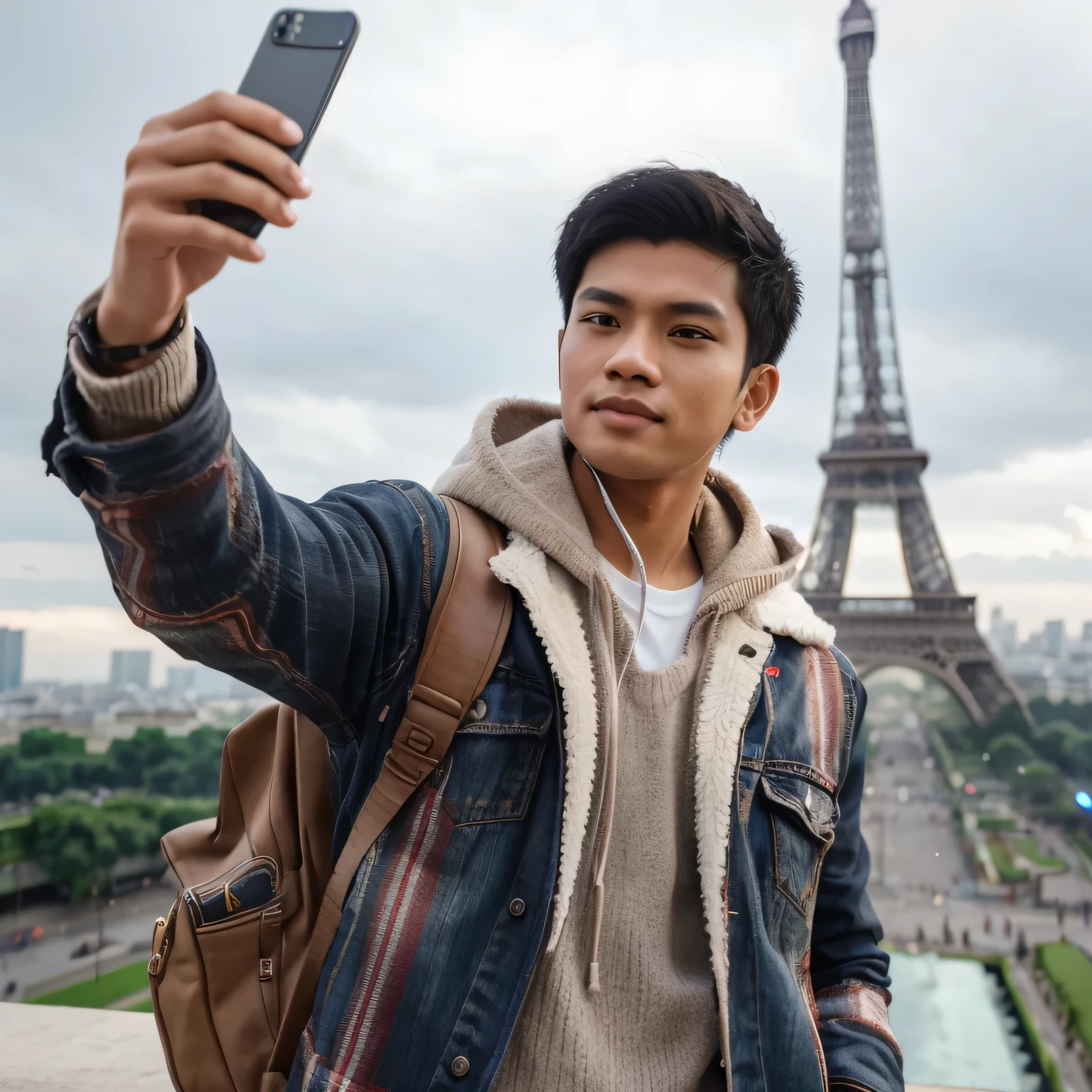 full body photo of a young Indonesian man aged 23 years taking a selfie at the Eiffel Tower. realistic, detailed, uhr, looks like real 