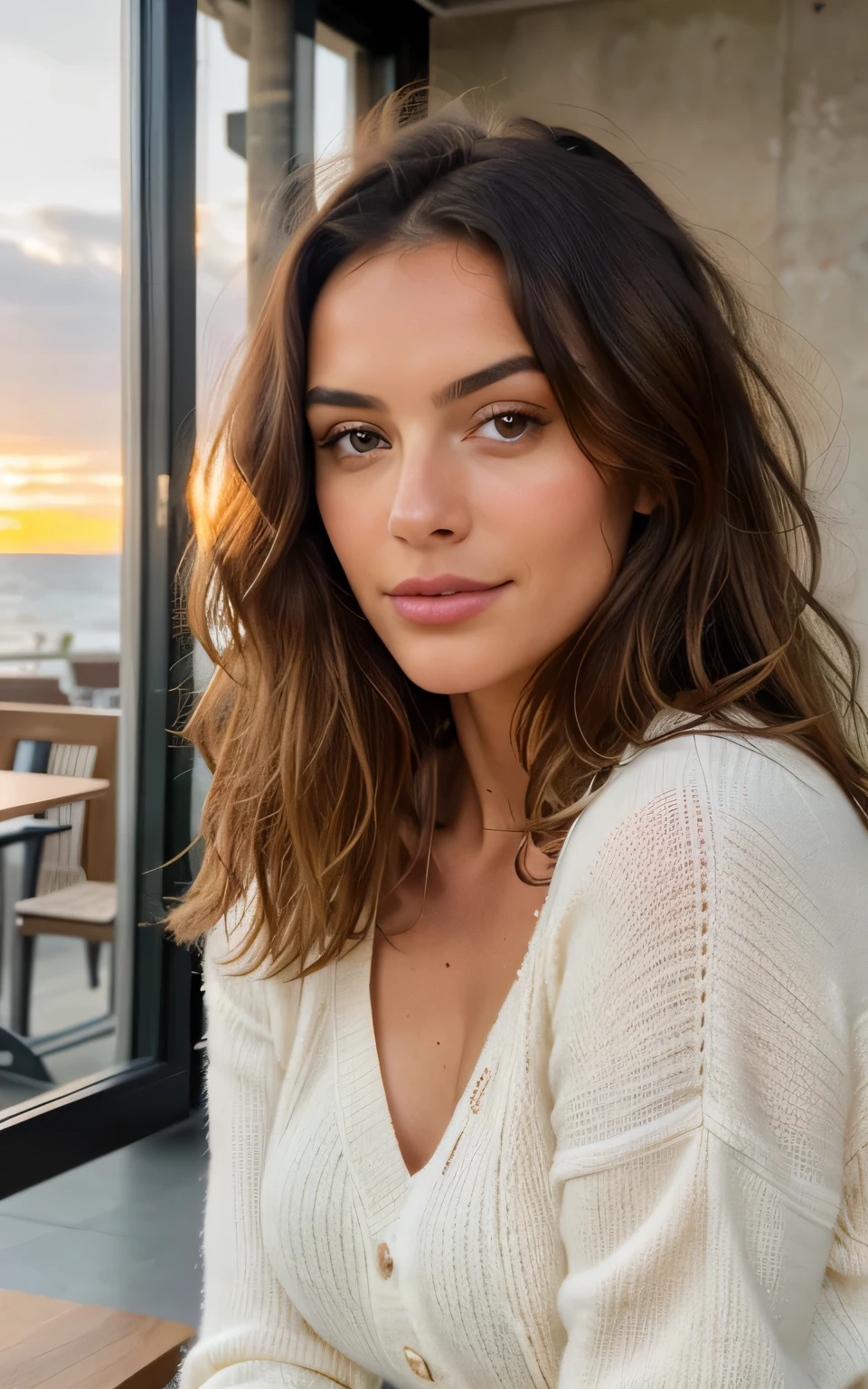 Belle brune portant un pull beige, espagnole, (in a modern cafe at sunset), Very detailede, 21 ans, visage innocent, natural wavy hair, yeux vert, high resolution, chef-d'artwork, best quality, intricate details, Very detailed, mise au point nette, detailed skin, Texture de peau realistic, Texture, Detailed eyes, professionnel, 4K, sourire charmant, filmed in Canon, 85 millimeters, faible profondeur de champ, Couleur Kodak Vision, corps parfaitement ajusté, extremely detailed, photographier_\(ultra\), photorealistic, realistic, Post-traitement, maximum details, roughness, vrai vie, ultra realistic, Photorealism, photographie, 8k euh, photographie, flirts with the camera, regarde sexy, regard directement la camera, with uncovered face.