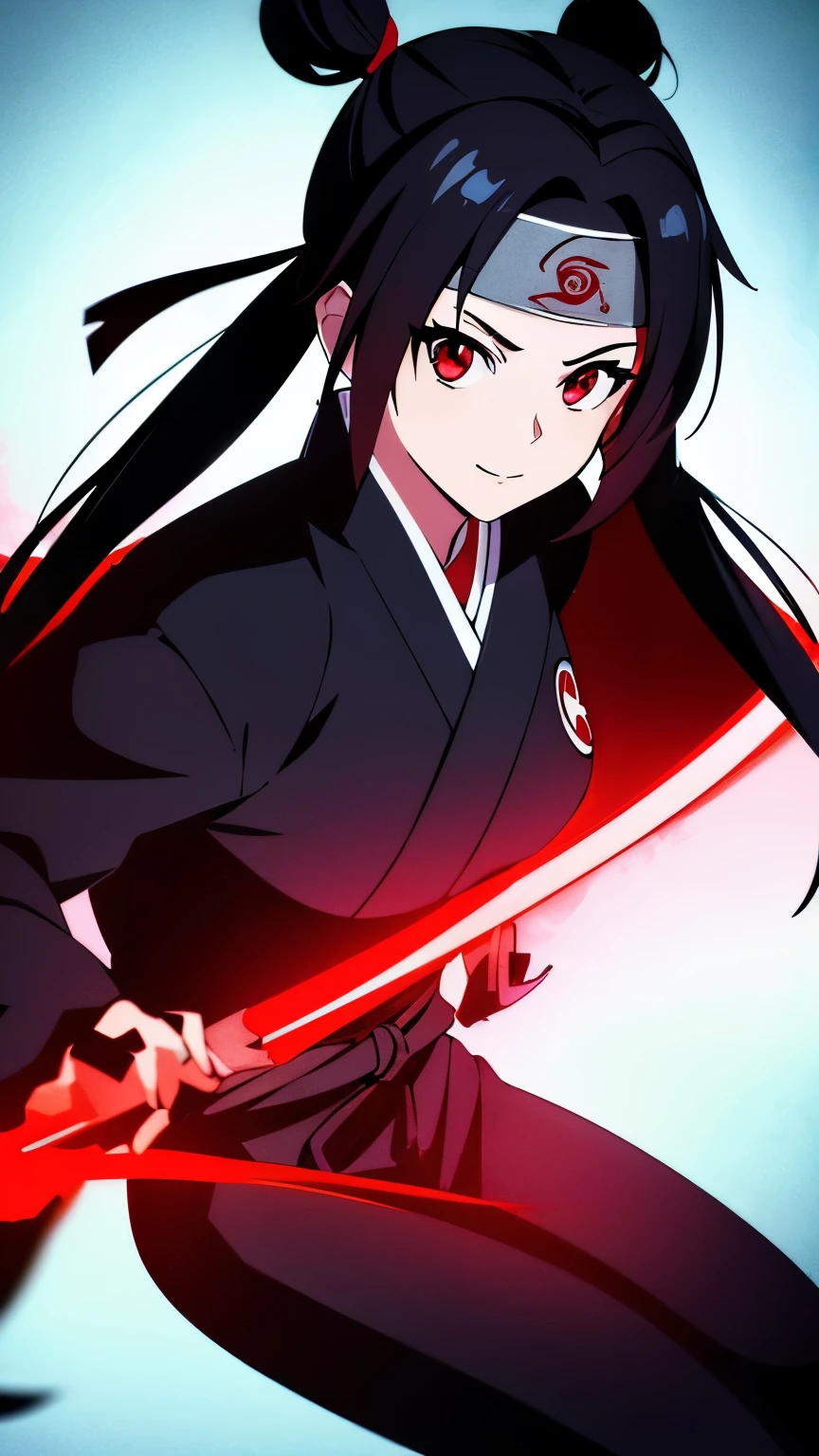 anime visual of a cute girl, young anime girl, an anime girl, ((Black hair)), ((Sharingan eyes)), red eyes, bun pigtails hairstyles, ((shinobi headband)), kunoichi, anbu armor, shinobi clothes, ((outside in the Forrest)), ((red ribbon around hair buns)), black clothes, (glowing eyes), high resolution, extremely detailed CG unity 8k wallpaper, ((masterpiece)), ((top-quality)), (beautiful illustration), ((an extremely delicate and beautiful)), (masterpiece, Best quality, ultra high resolution), 1 girl, pale skin, red eyes, Luminous_eyes, neon red eyes, ultra detailed eyes, Beautiful and detailed face, detailed eyes, (Centered, torso), (wide shot:0.9), facing the viewer, back towards camera, low angle, (floating hair), character focus, ((black light)), ((dark lighting)), cinematic lighting ,(darkness), (concept art), ((Happy face)), dark black hair, ((red eyes)), (wearing red shinobi dress), AAA cup, full body