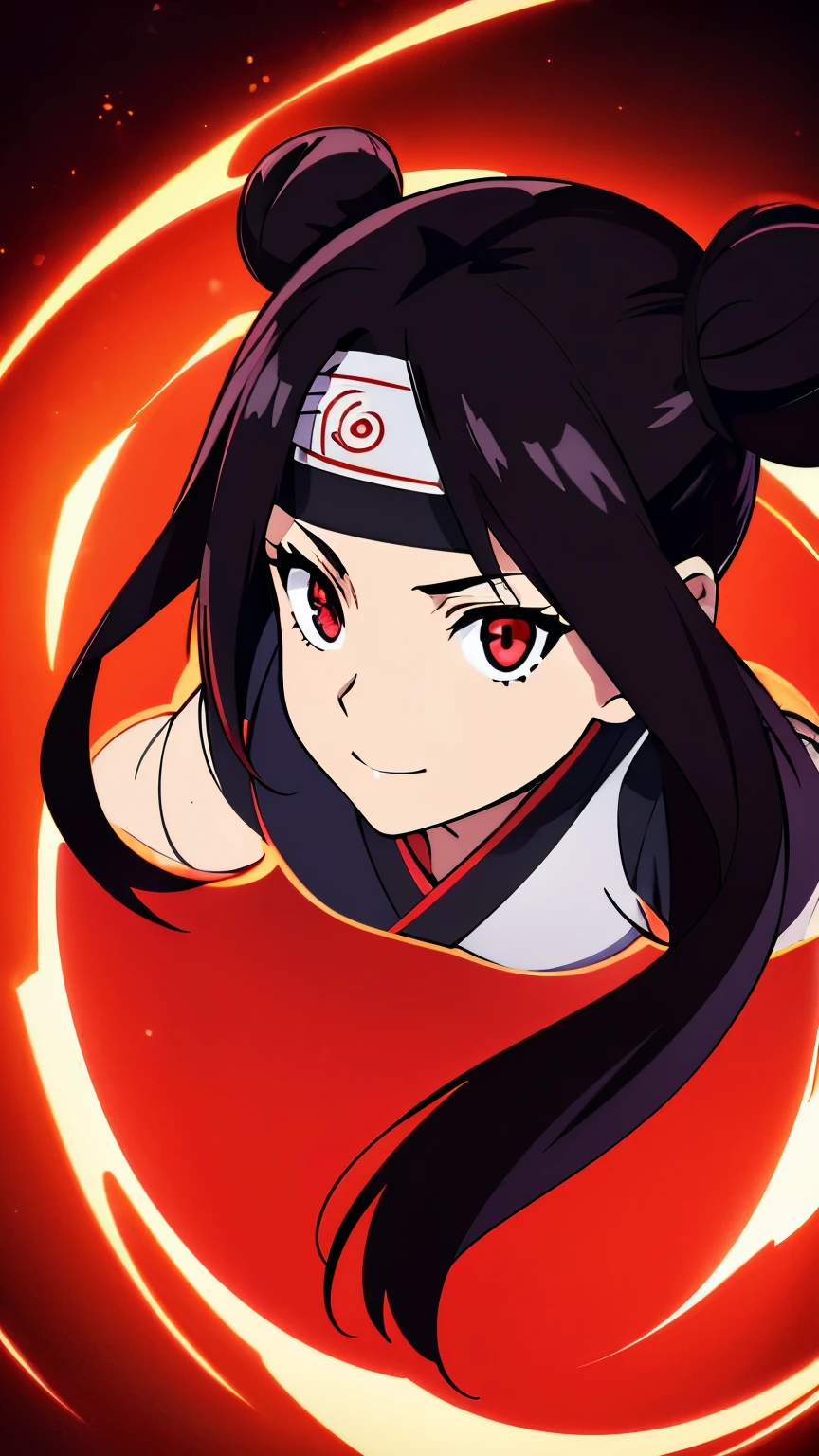 anime visual of a cute girl, young anime girl, an anime girl, ((Black hair)), ((Sharingan eyes)), red eyes, bun pigtails hairstyles, ((shinobi headband)), kunoichi, anbu armor, shinobi clothes, ((outside in the Forrest)), ((red ribbon around hair buns)), black clothes, (glowing eyes), high resolution, extremely detailed CG unity 8k wallpaper, ((masterpiece)), ((top-quality)), (beautiful illustration), ((an extremely delicate and beautiful)), (masterpiece, Best quality, ultra high resolution), 1 girl, pale skin, red eyes, Luminous_eyes, neon red eyes, ultra detailed eyes, Beautiful and detailed face, detailed eyes, (Centered, torso), (wide shot:0.9), facing the viewer, back towards camera, low angle, (floating hair), character focus, ((black light)), ((dark lighting)), cinematic lighting ,(darkness), (concept art), ((Happy face)), dark black hair, ((red eyes)), (wearing red shinobi dress), AAA cup, full body