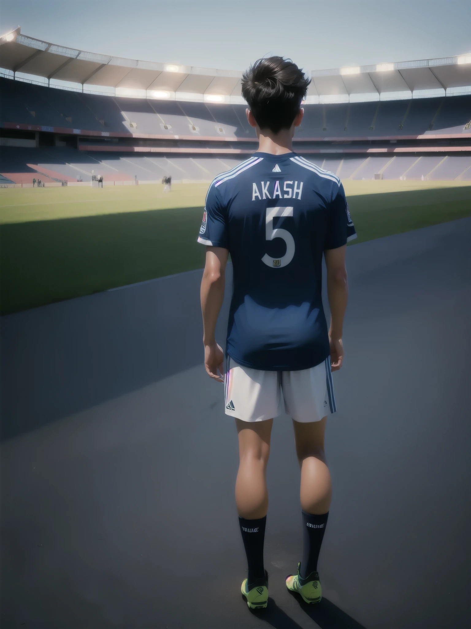 a soccer player stands on the soccer field, Turn his back to the camera,Wearing number 5 blue shirt,In the distance are spectators in the stands
