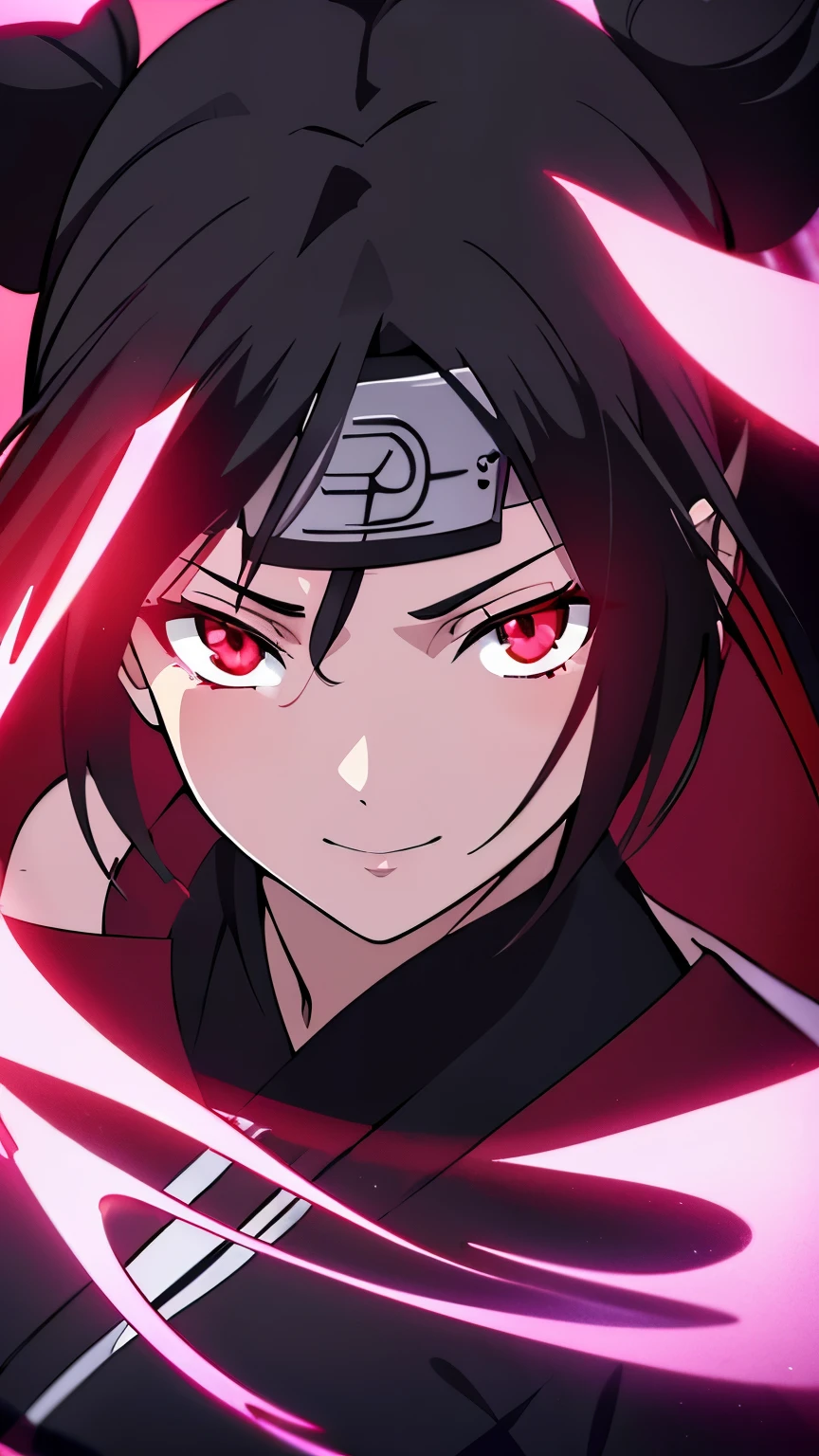 anime visual of a cute girl, young anime girl, an anime girl, ((Black hair)), ((Sharingan eyes)), red eyes, bun pigtails hairstyles, ((shinobi headband)), kunoichi, anbu armor, shinobi clothes, ((outside in the Forrest)), ((red ribbon around hair buns)), black clothes, (glowing eyes), high resolution, extremely detailed CG unity 8k wallpaper, ((masterpiece)), ((top-quality)), (beautiful illustration), ((an extremely delicate and beautiful)), (masterpiece, Best quality, ultra high resolution), 1 girl, pale skin, red eyes, Luminous_eyes, neon red eyes, ultra detailed eyes, Beautiful and detailed face, detailed eyes, (Centered, torso), (wide shot:0.9), facing the viewer, back towards camera, low angle, (floating hair), character focus, ((black light)), ((dark lighting)), cinematic lighting ,(darkness), (concept art), ((Happy face)), dark black hair, ((red eyes)), (wearing red shinobi dress), AAA cup, full body