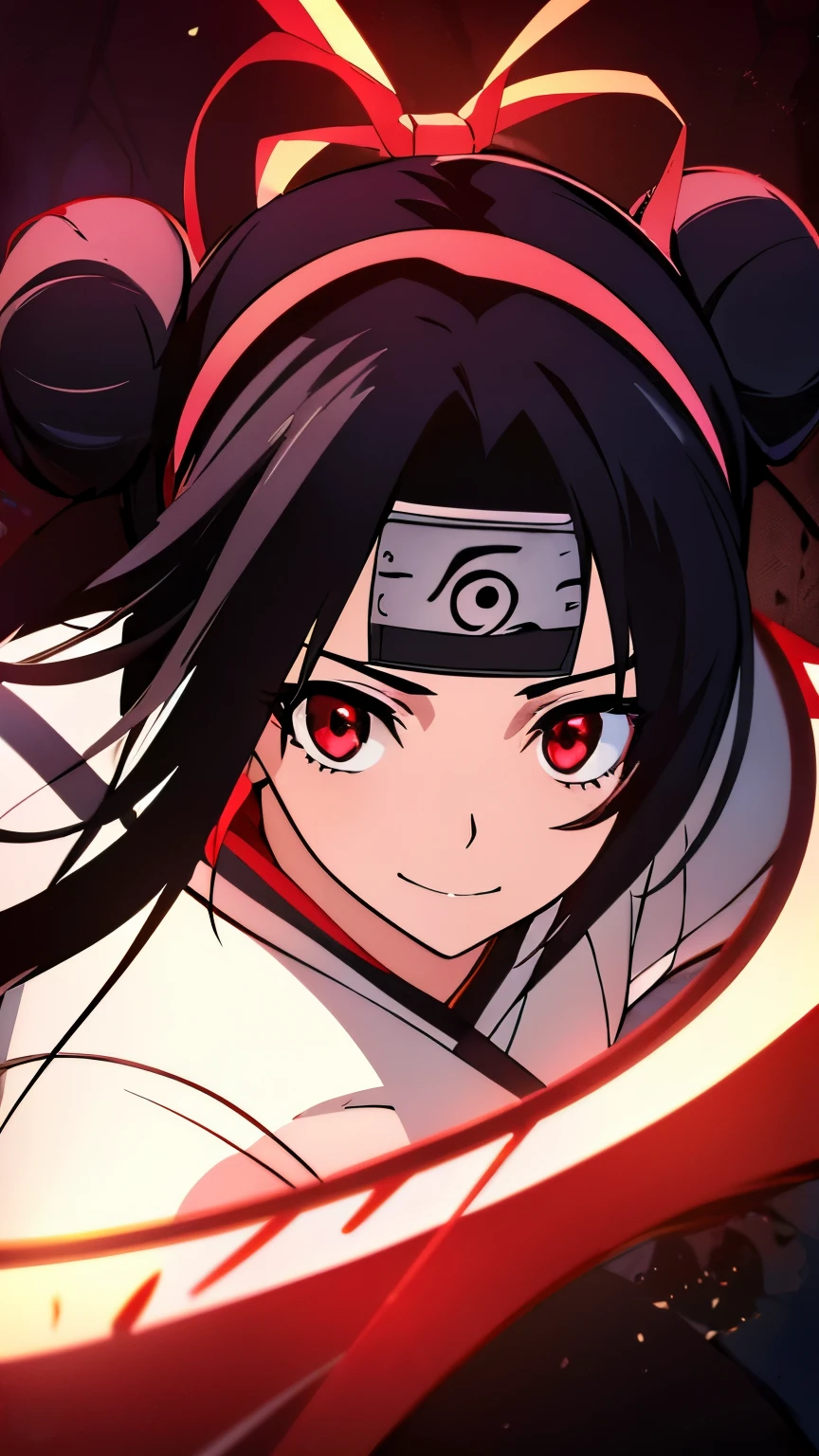 anime visual of a cute girl, young anime girl, an anime girl, ((Black hair)), ((Sharingan eyes)), red eyes, bun pigtails hairstyles, ((shinobi headband)), kunoichi, anbu armor, shinobi clothes, ((outside in the Forrest)), ((red ribbon around hair buns)), black clothes, (glowing eyes), high resolution, extremely detailed CG unity 8k wallpaper, ((masterpiece)), ((top-quality)), (beautiful illustration), ((an extremely delicate and beautiful)), (masterpiece, Best quality, ultra high resolution), 1 girl, pale skin, red eyes, Luminous_eyes, neon red eyes, ultra detailed eyes, Beautiful and detailed face, detailed eyes, (Centered, torso), (wide shot:0.9), facing the viewer, back towards camera, low angle, (floating hair), character focus, ((black light)), ((dark lighting)), cinematic lighting ,(darkness), (concept art), ((Happy face)), dark black hair, ((red eyes)), (wearing red shinobi dress), AAA cup, full body