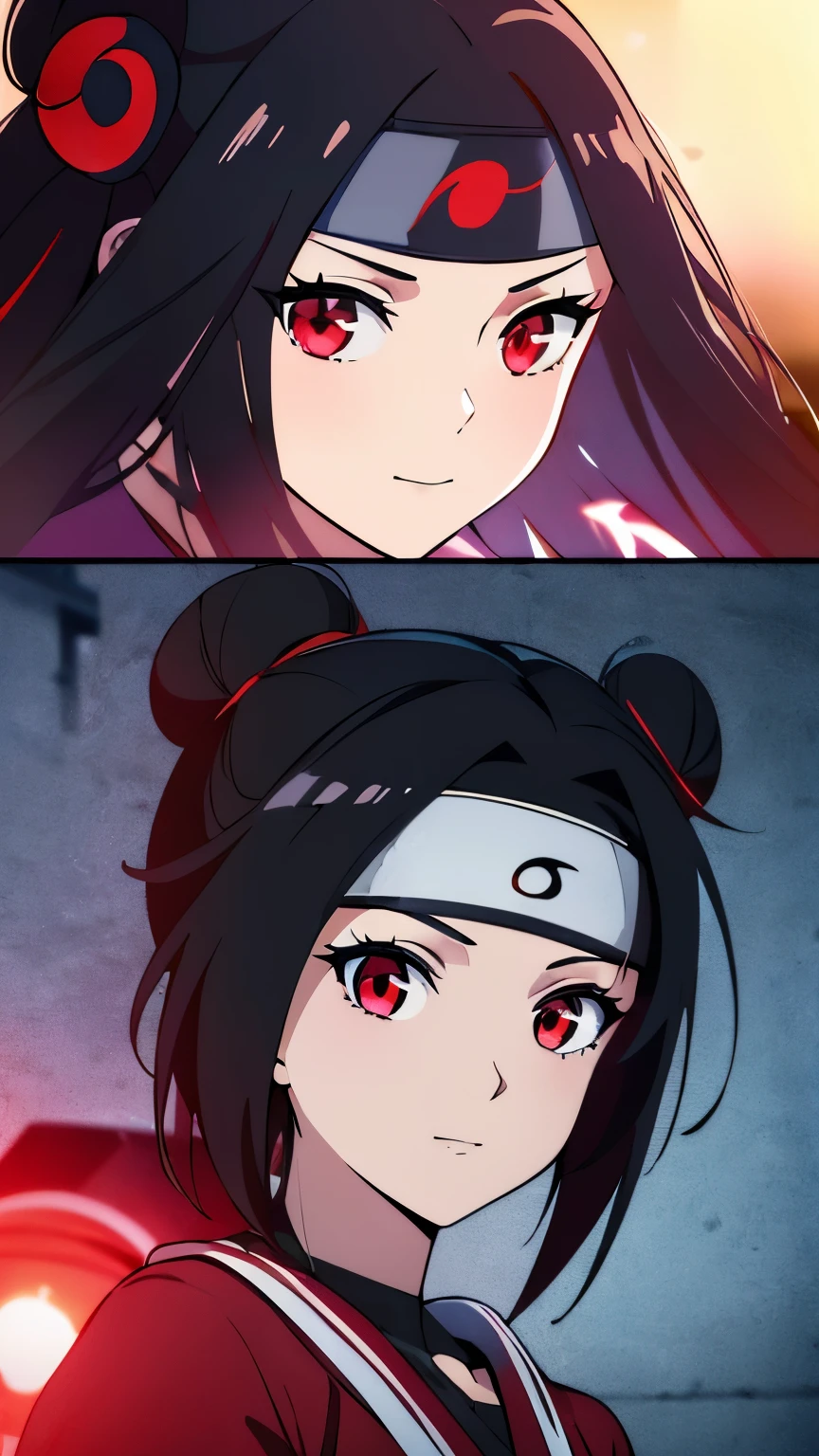 anime visual of a cute girl, young anime girl, an anime girl, ((Black hair)), ((Sharingan eyes)), red eyes, bun pigtails hairstyles, ((shinobi headband)), kunoichi, anbu armor, shinobi clothes, ((outside in the Forrest)), ((red ribbon around hair buns)), black clothes, (glowing eyes), high resolution, extremely detailed CG unity 8k wallpaper, ((masterpiece)), ((top-quality)), (beautiful illustration), ((an extremely delicate and beautiful)), (masterpiece, Best quality, ultra high resolution), 1 girl, pale skin, red eyes, Luminous_eyes, neon red eyes, ultra detailed eyes, Beautiful and detailed face, detailed eyes, (Centered, torso), (wide shot:0.9), facing the viewer, back towards camera, low angle, (floating hair), character focus, ((black light)), ((dark lighting)), cinematic lighting ,(darkness), (concept art), ((Happy face)), dark black hair, ((red eyes)), (wearing red shinobi dress), AAA cup, full body