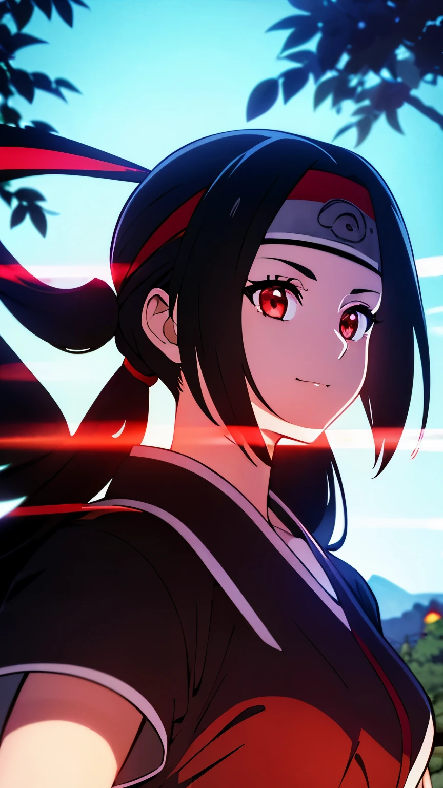 anime visual of a cute girl, young anime girl, an anime girl, ((Black hair)), ((Sharingan eyes)), red eyes, bun pigtails hairstyles, ((shinobi headband)), kunoichi, anbu armor, shinobi clothes, ((outside in the Forrest)), ((red ribbon around hair buns)), black clothes, (glowing eyes), high resolution, extremely detailed CG unity 8k wallpaper, ((masterpiece)), ((top-quality)), (beautiful illustration), ((an extremely delicate and beautiful)), (masterpiece, Best quality, ultra high resolution), 1 girl, pale skin, red eyes, Luminous_eyes, neon red eyes, ultra detailed eyes, Beautiful and detailed face, detailed eyes, (Centered, torso), (wide shot:0.9), facing the viewer, back towards camera, low angle, (floating hair), character focus, ((black light)), ((dark lighting)), cinematic lighting ,(darkness), (concept art), ((Happy face)), dark black hair, ((red eyes)), (wearing red shinobi dress), AAA cup, full body