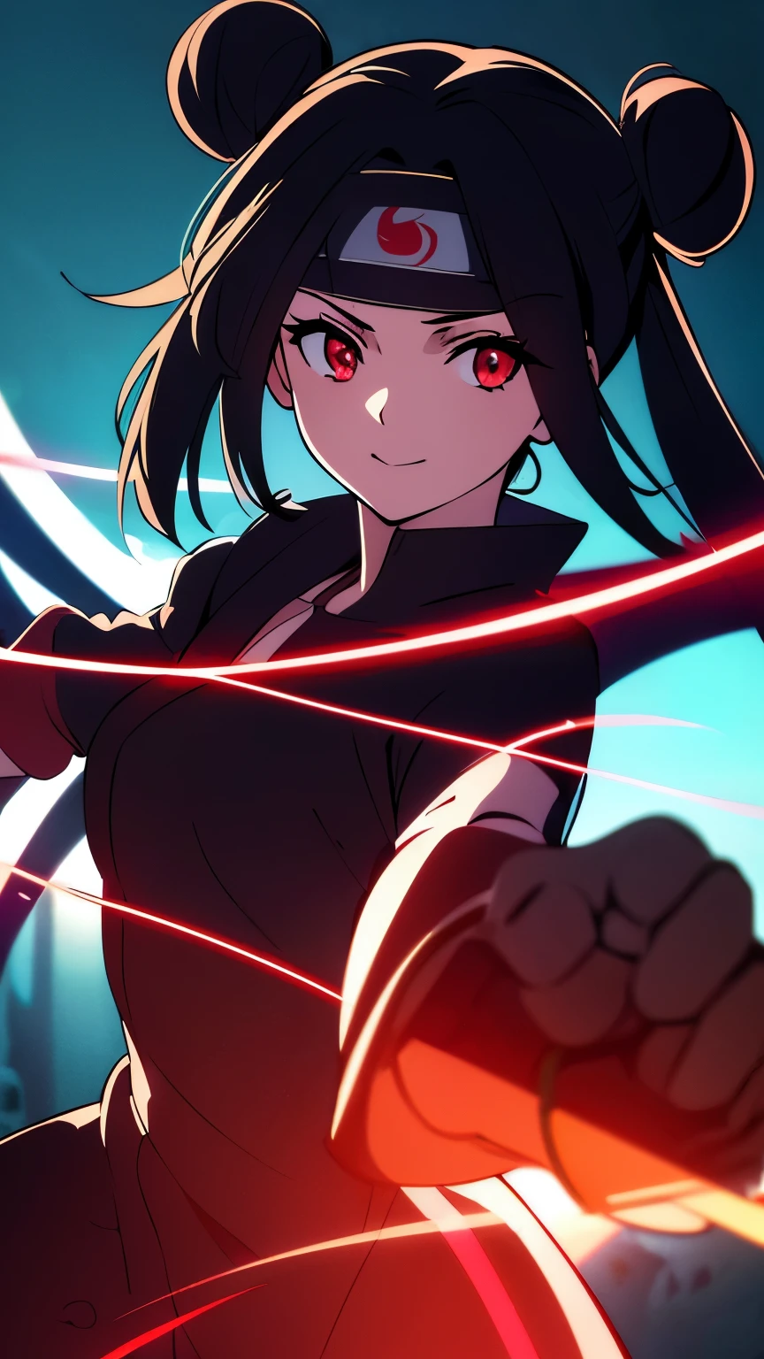 anime visual of a cute girl, young anime girl, an anime girl, ((Black hair)), ((Sharingan eyes)), red eyes, bun pigtails hairstyles, ((shinobi headband)), kunoichi, anbu armor, shinobi clothes, ((outside in the Forrest)), ((red ribbon around hair buns)), black clothes, (glowing eyes), high resolution, extremely detailed CG unity 8k wallpaper, ((masterpiece)), ((top-quality)), (beautiful illustration), ((an extremely delicate and beautiful)), (masterpiece, Best quality, ultra high resolution), 1 girl, pale skin, red eyes, Luminous_eyes, neon red eyes, ultra detailed eyes, Beautiful and detailed face, detailed eyes, (Centered, torso), (wide shot:0.9), facing the viewer, back towards camera, low angle, (floating hair), character focus, ((black light)), ((dark lighting)), cinematic lighting ,(darkness), (concept art), ((Happy face)), dark black hair, ((red eyes)), (wearing red shinobi dress), AAA cup, full body