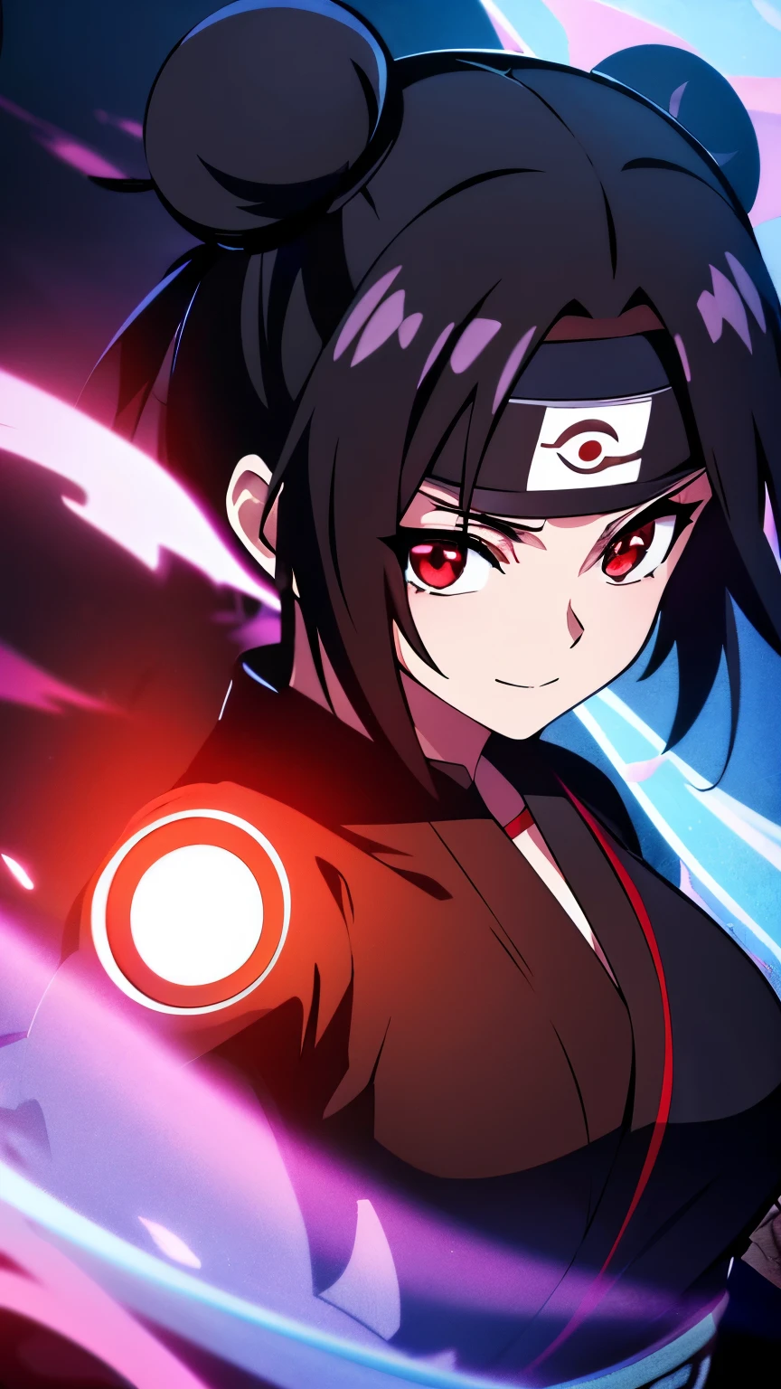 anime visual of a cute girl, young anime girl, an anime girl, ((Black hair)), ((Sharingan eyes)), red eyes, bun pigtails hairstyles, ((shinobi headband)), kunoichi, anbu armor, shinobi clothes, ((outside in the Forrest)), ((red ribbon around hair buns)), black clothes, (glowing eyes), high resolution, extremely detailed CG unity 8k wallpaper, ((masterpiece)), ((top-quality)), (beautiful illustration), ((an extremely delicate and beautiful)), (masterpiece, Best quality, ultra high resolution), 1 girl, pale skin, red eyes, Luminous_eyes, neon red eyes, ultra detailed eyes, Beautiful and detailed face, detailed eyes, (Centered, torso), (wide shot:0.9), facing the viewer, back towards camera, low angle, (floating hair), character focus, ((black light)), ((dark lighting)), cinematic lighting ,(darkness), (concept art), ((Happy face)), dark black hair, ((red eyes)), (wearing red shinobi dress), AAA cup, full body