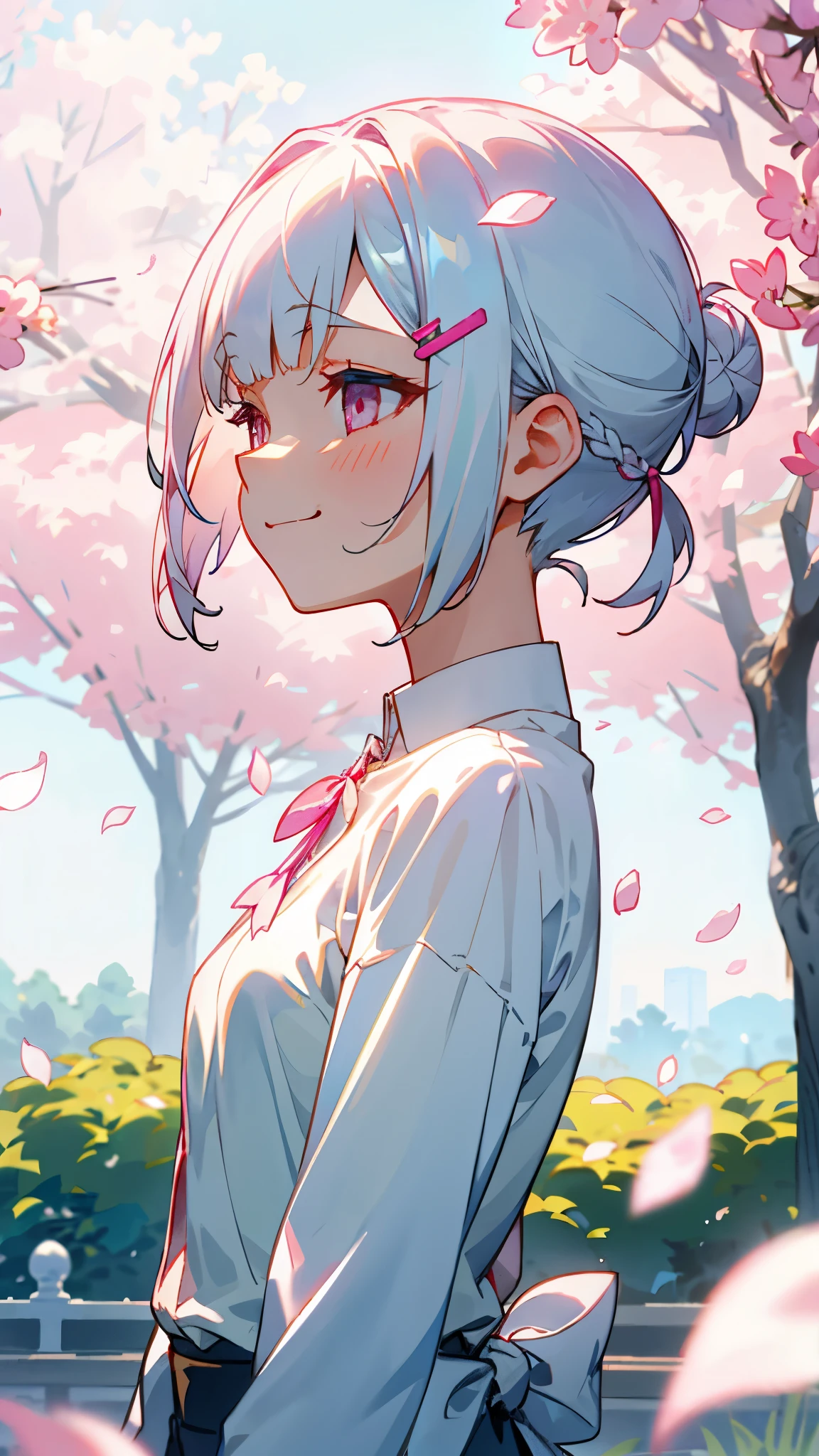 1 girl、small breasts、Short hairstyles for silver hair and bob、Hair tied up in a bun with a hair clip、Shining pink round eyes、From the side、evil smile、1 beautiful delicate portrait of a girl with a soft and peaceful expression、The scenery in the background is a garden with petals flying around.。