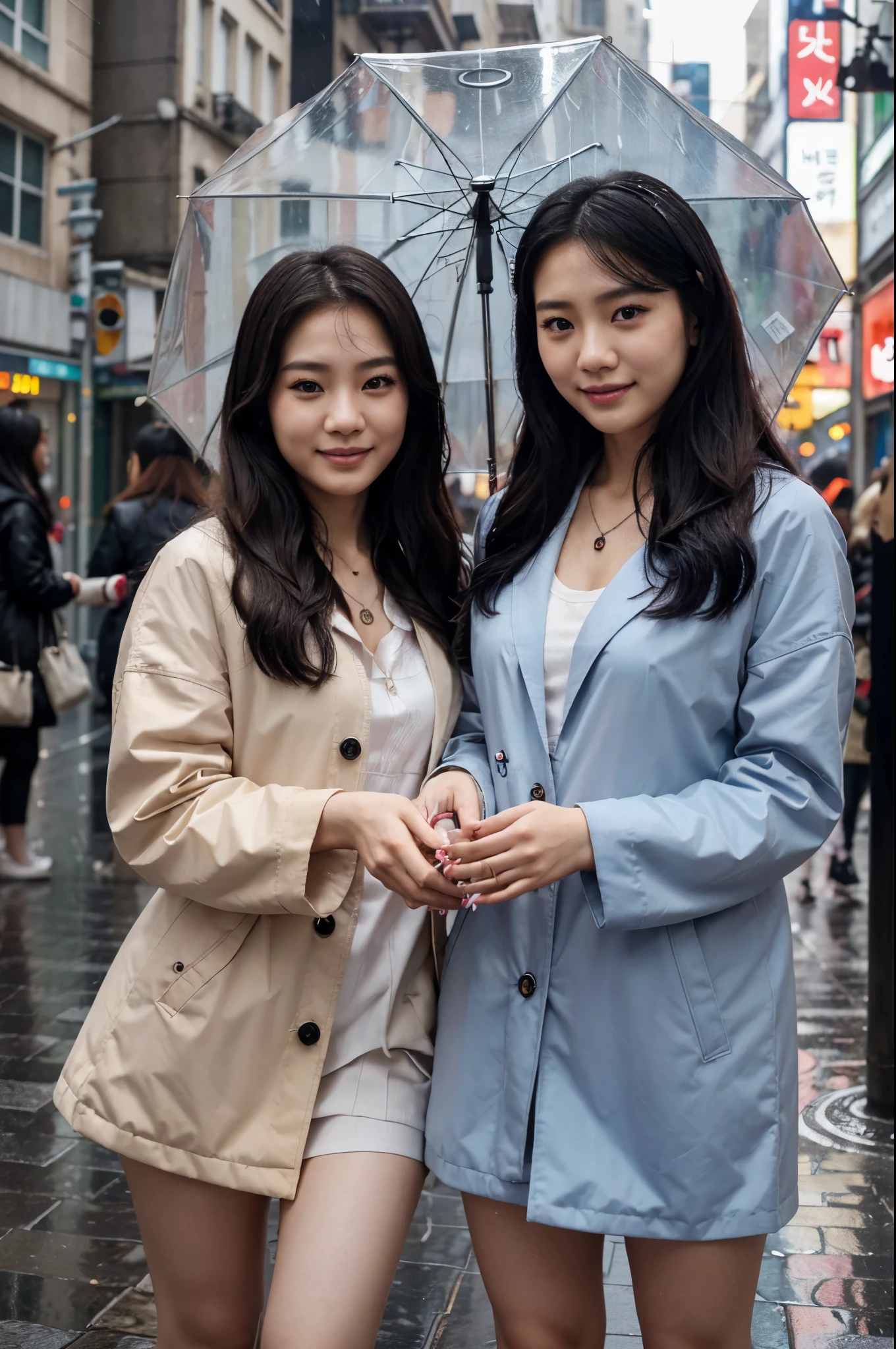 2 Korean girls, holding umbrella rain, correct hands, detailed face, super detailed hair, realistic fingers, raining streets with people, white and aligned smile, in the background a cat portrait, people being served in the background, basic makeup, coats, colorful nails, cat paw design necklace, background glass raining