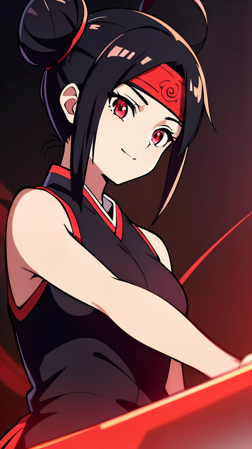 anime visual of a cute girl, young anime girl, an anime girl, ((Black hair)), ((Sharingan eyes)), red eyes, bun pigtails hairstyles, ((shinobi headband)), kunoichi, anbu armor, shinobi clothes, ((outside in the Forrest)), ((red ribbon around hair buns)), black clothes, (glowing eyes), high resolution, extremely detailed CG unity 8k wallpaper, ((masterpiece)), ((top-quality)), (beautiful illustration), ((an extremely delicate and beautiful)), (masterpiece, Best quality, ultra high resolution), 1 girl, pale skin, red eyes, Luminous_eyes, neon red eyes, ultra detailed eyes, Beautiful and detailed face, detailed eyes, (Centered, torso), (wide shot:0.9), facing the viewer, back towards camera, low angle, (floating hair), character focus, ((black light)), ((dark lighting)), cinematic lighting ,(darkness), (concept art), ((Happy face)), dark black hair, ((red eyes)), (wearing red shinobi dress), AAA cup, full body