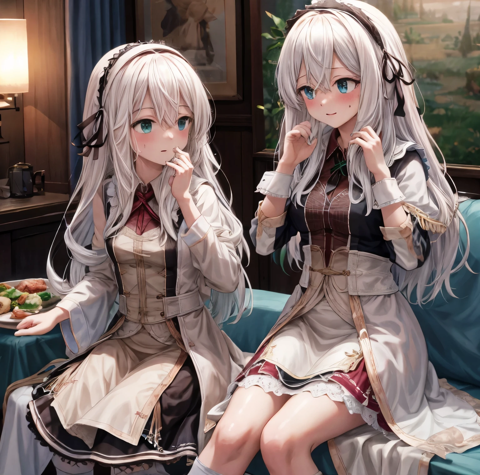 top quality, 8K, muste piece: 1.3, Ultra HD, high quality, best quality, High freshness, Realism))(perfect hands, perfect anatomy)，long white hair, maid dress,short skirt,thigh sock，blush，, flat breast, seving food