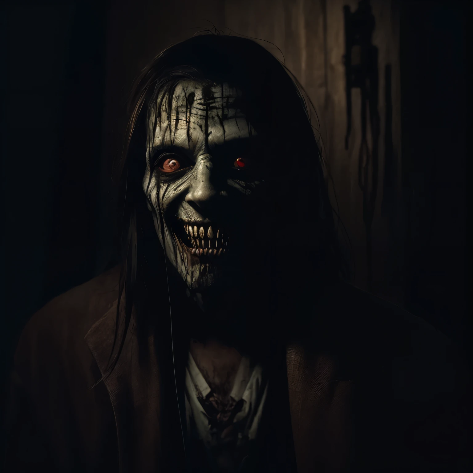 close-up portrait of an insane man in asylum clothes sitting in a dark solitary confinement of a sanatorium laughing and laughing, sala escura sem luz, criatura em uma floresta sombria, retrato assustador em uma floresta, sala acolchoada de um manicomio , Horror fantasy art, sorriso maligno e olhos pretos, ( ( ( Horror art ) ) ), sorriso perverso, homem bizarro, homem maligna, horrible forest, sala abandonada, Horror illustration, Horror painting, nightmare illustration, Horror macabre face, homem olhos pretos, locked up maniac
