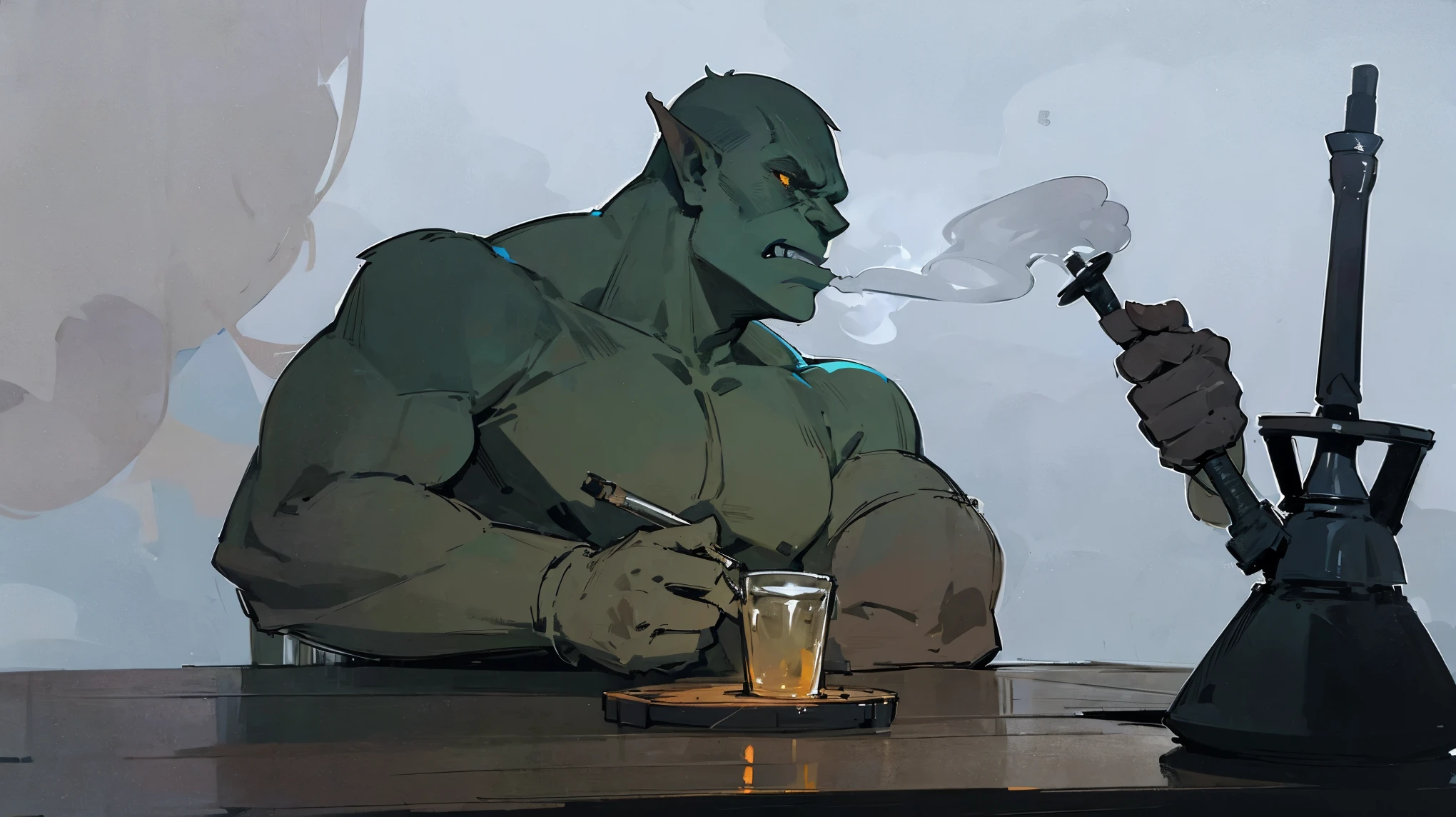 (high quality,several orcs,smoke,fog,lo-fi,rest in company,hookah on the table,fantasy,muted colors,atmospheric lighting)

several orcs resting in a company surrounded by mist and smoke. The atmosphere is filled with a sense of mystery and fantasy. The scene is illuminated with atmospheric lighting, casting soft and muted colors. The orcs are seen sitting around a table, where a hookah is placed, emitting wisps of smoke. The setting has a lo-fi aesthetic, adding a touch of nostalgia and authenticity to the artwork. The foggy background creates depth and adds to the overall atmospheric feel of the scene. The high quality of the artwork ensures that the details of the orcs, their surroundings, and the smoke are depicted with precision and clarity.