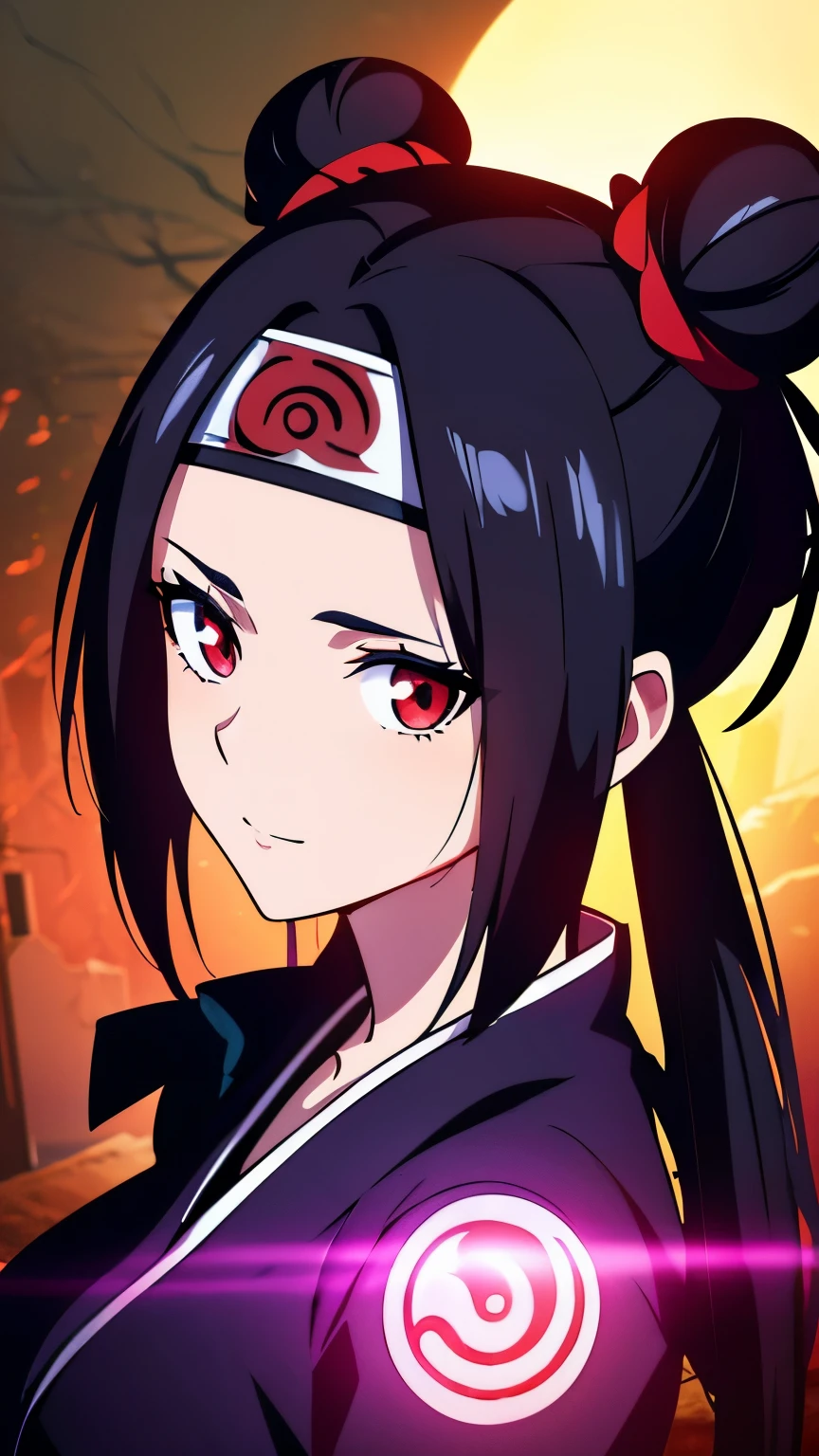 anime visual of a cute girl, young anime girl, an anime girl, ((Black hair)), ((Sharingan eyes)), red eyes, bun pigtails hairstyles, ((shinobi headband)), kunoichi, anbu armor, shinobi clothes, ((outside in the Forrest)), ((red ribbon around hair buns)), black clothes, (glowing eyes), high resolution, extremely detailed CG unity 8k wallpaper, ((masterpiece)), ((top-quality)), (beautiful illustration), ((an extremely delicate and beautiful)), (masterpiece, Best quality, ultra high resolution), 1 girl, pale skin, red eyes, Luminous_eyes, neon red eyes, ultra detailed eyes, Beautiful and detailed face, detailed eyes, (Centered, torso), (wide shot:0.9), facing the viewer, back towards camera, low angle, (floating hair), character focus, ((black light)), ((dark lighting)), cinematic lighting ,(darkness), (concept art), ((Happy face)), dark black hair, ((red eyes)), (wearing red shinobi dress), AAA cup, full body