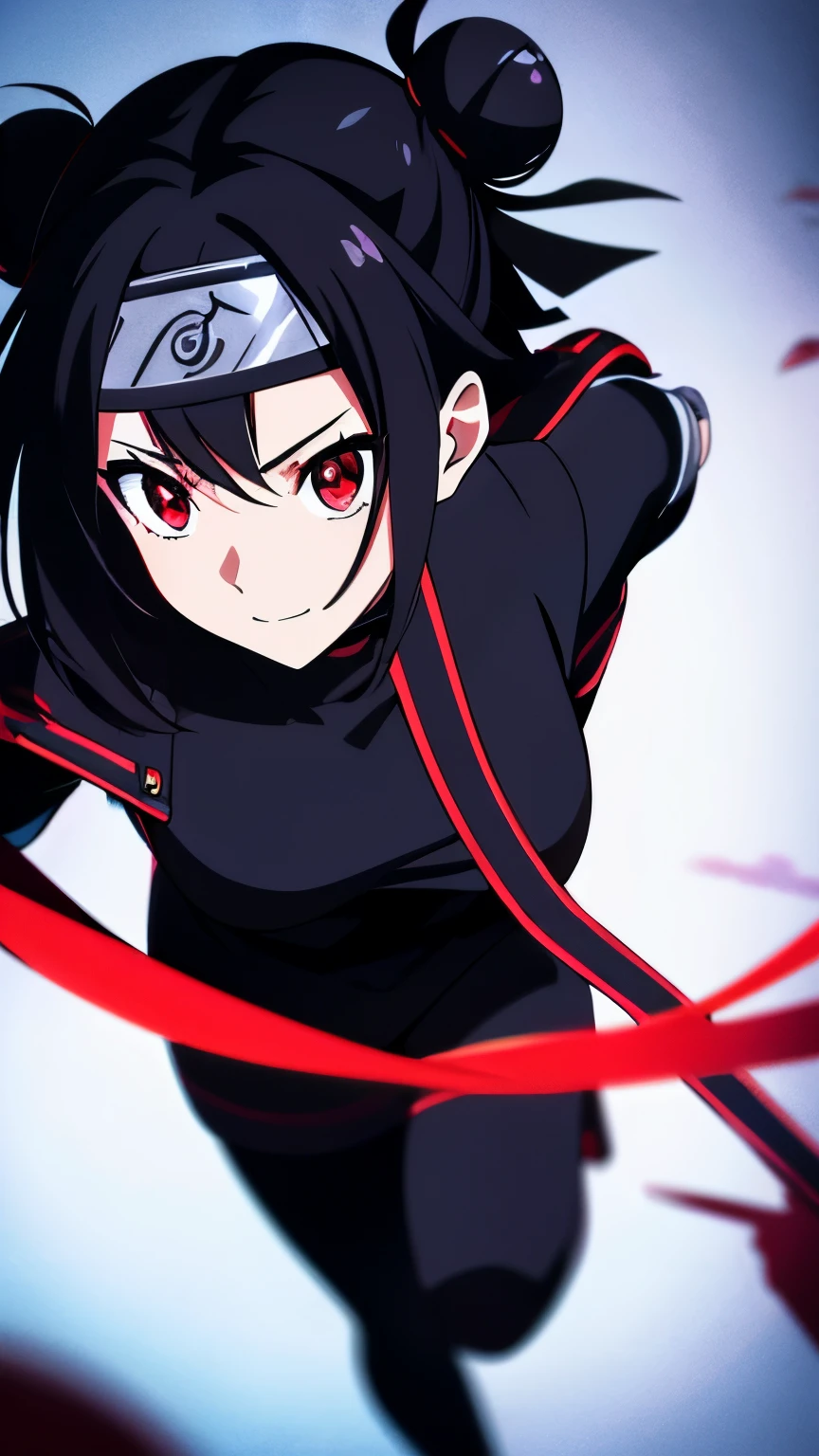 anime visual of a cute girl, young anime girl, an anime girl, ((Black hair)), ((Sharingan eyes)), red eyes, bun pigtails hairstyles, ((shinobi headband)), kunoichi, anbu armor, shinobi clothes, ((outside in the Forrest)), ((red ribbon around hair buns)), black clothes, (glowing eyes), high resolution, extremely detailed CG unity 8k wallpaper, ((masterpiece)), ((top-quality)), (beautiful illustration), ((an extremely delicate and beautiful)), (masterpiece, Best quality, ultra high resolution), 1 girl, pale skin, red eyes, Luminous_eyes, neon red eyes, ultra detailed eyes, Beautiful and detailed face, detailed eyes, (Centered, torso), (wide shot:0.9), facing the viewer, back towards camera, low angle, (floating hair), character focus, ((black light)), ((dark lighting)), cinematic lighting ,(darkness), (concept art), ((Happy face)), dark black hair, ((red eyes)), (wearing red shinobi dress), AAA cup, full body