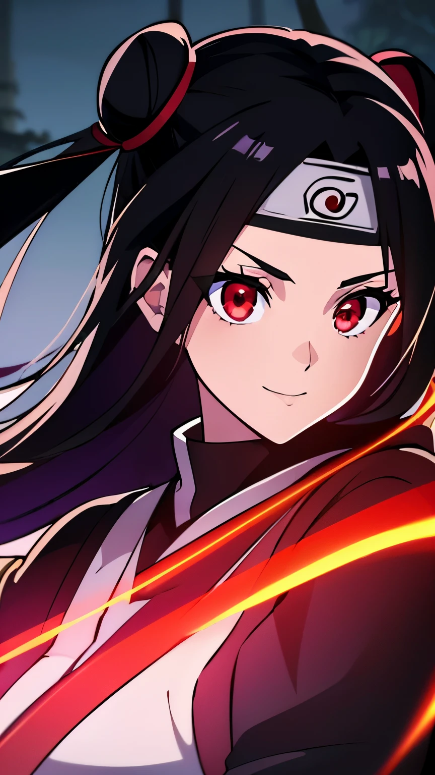 anime visual of a cute girl, young anime girl, an anime girl, ((Black hair)), ((Sharingan eyes)), red eyes, bun pigtails hairstyles, ((shinobi headband)), kunoichi, anbu armor, shinobi clothes, ((outside in the Forrest)), ((red ribbon around hair buns)), black clothes, (glowing eyes), high resolution, extremely detailed CG unity 8k wallpaper, ((masterpiece)), ((top-quality)), (beautiful illustration), ((an extremely delicate and beautiful)), (masterpiece, Best quality, ultra high resolution), 1 girl, pale skin, red eyes, Luminous_eyes, neon red eyes, ultra detailed eyes, Beautiful and detailed face, detailed eyes, (Centered, torso), (wide shot:0.9), facing the viewer, back towards camera, low angle, (floating hair), character focus, ((black light)), ((dark lighting)), cinematic lighting ,(darkness), (concept art), ((Happy face)), dark black hair, ((red eyes)), (wearing red shinobi dress), AAA cup, full body