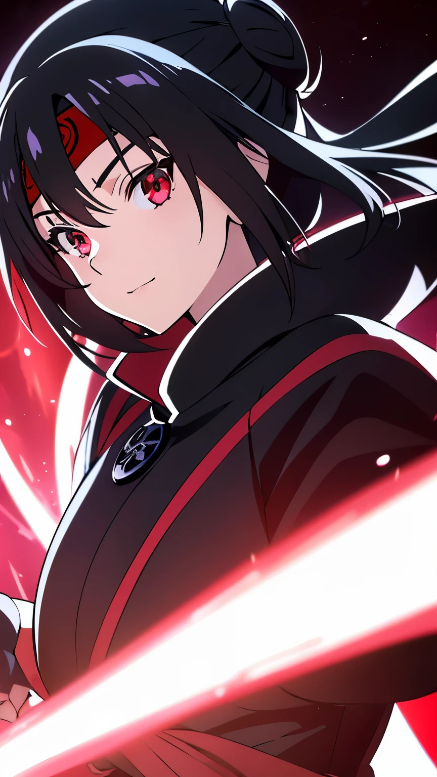 anime visual of a cute girl, young anime girl, an anime girl, ((Black hair)), ((Sharingan eyes)), red eyes, bun pigtails hairstyles, ((shinobi headband)), kunoichi, anbu armor, shinobi clothes, ((outside in the Forrest)), ((red ribbon around hair buns)), black clothes, (glowing eyes), high resolution, extremely detailed CG unity 8k wallpaper, ((masterpiece)), ((top-quality)), (beautiful illustration), ((an extremely delicate and beautiful)), (masterpiece, Best quality, ultra high resolution), 1 girl, pale skin, red eyes, Luminous_eyes, neon red eyes, ultra detailed eyes, Beautiful and detailed face, detailed eyes, (Centered, torso), (wide shot:0.9), facing the viewer, back towards camera, low angle, (floating hair), character focus, ((black light)), ((dark lighting)), cinematic lighting ,(darkness), (concept art), ((Happy face)), dark black hair, ((red eyes)), (wearing red shinobi dress), AAA cup, full body