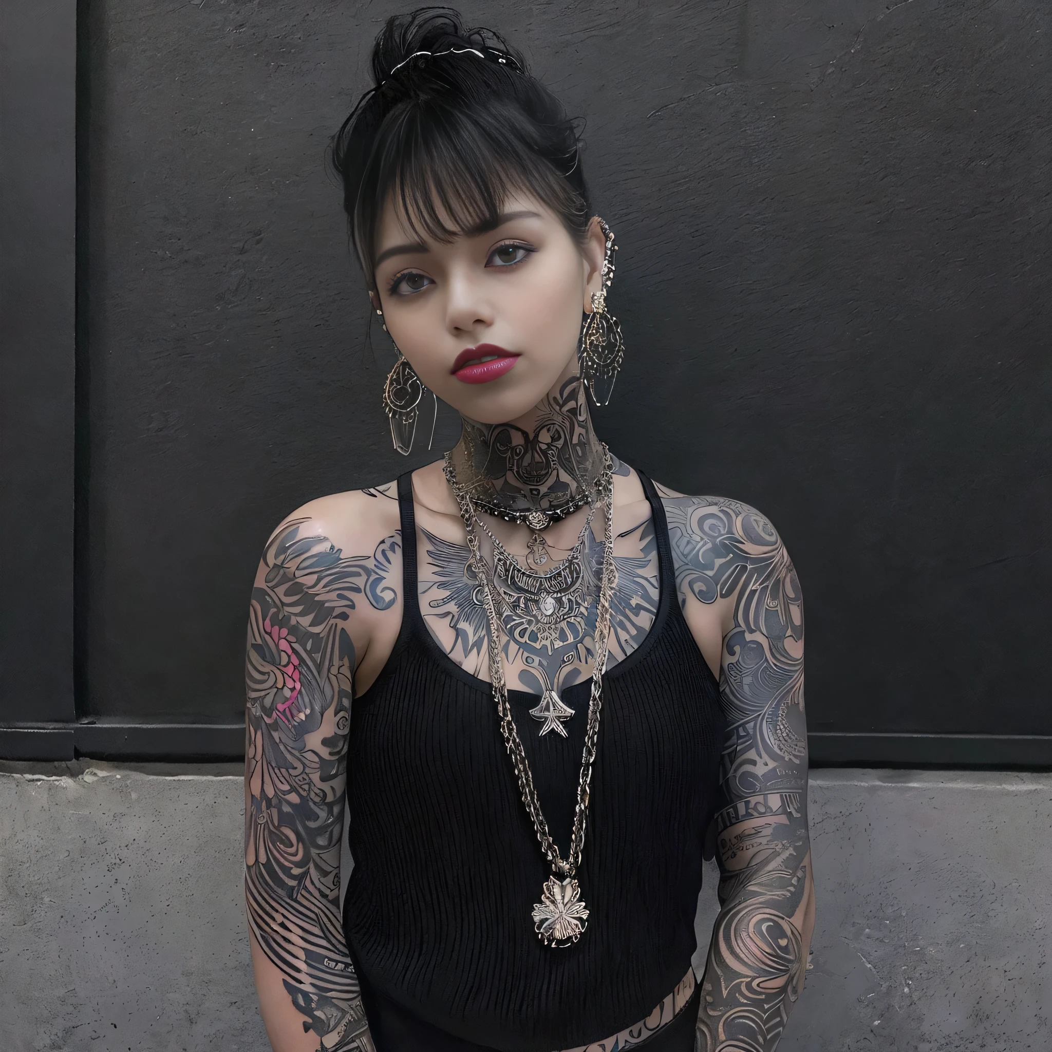 araffe Tattooed woman with black blouse and chain around her neck, a tattoo inspired by Antônio Parreiras, tumblr, brinquedo, she is wearing a black blouse, looks like fabiula nascimento, malika favre, usando gargantilha preta intrincada, she is wearing streetwear, colar de piercings, Tatuado