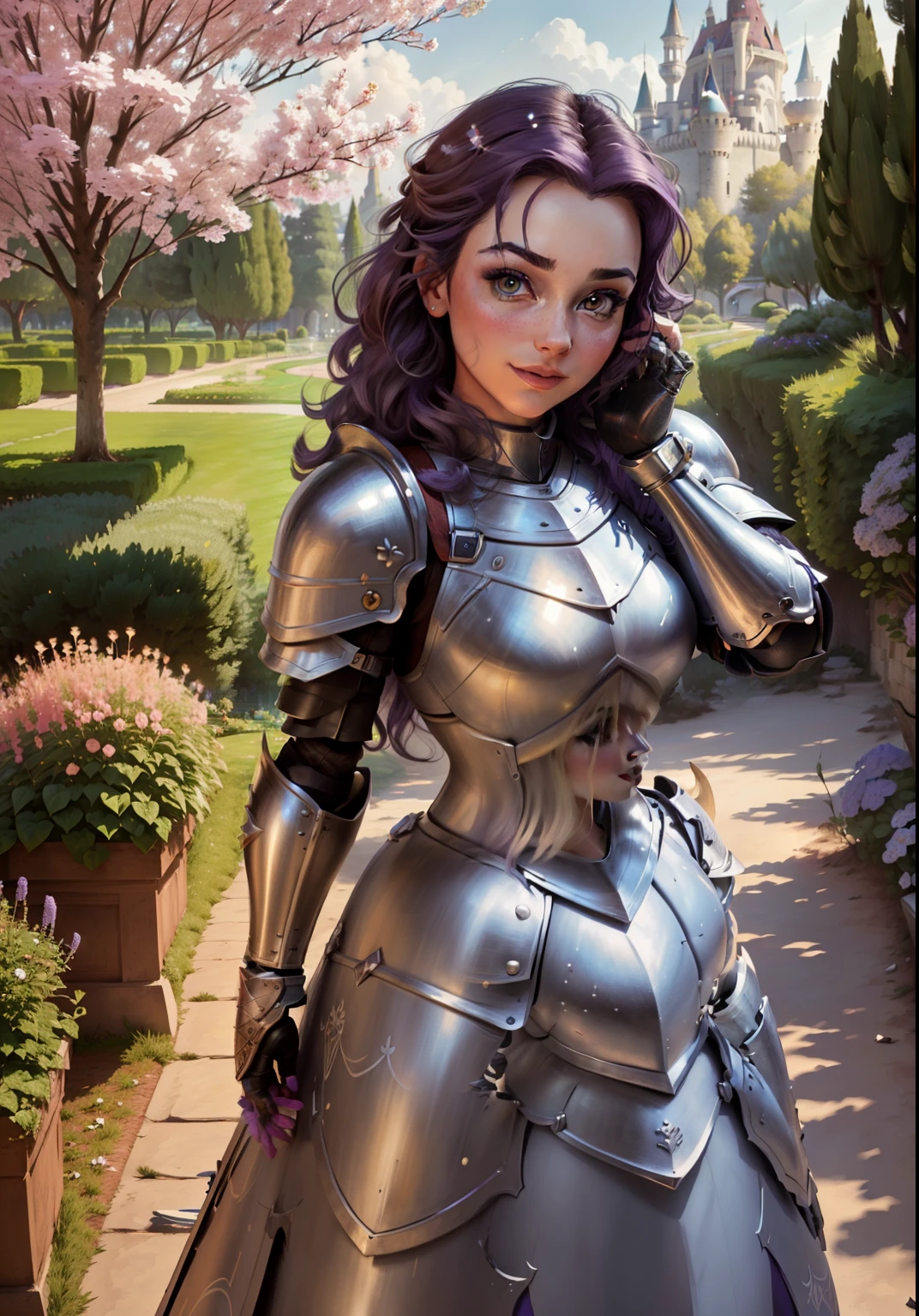 (BelleWaifu:1), (knight's armor:1.5), the garden in the background, surprised, cute, cute pose, (flirting), looking at the viewer, (square hairstyle), (purple hair), (knight's metal bra:1.2), :D, (realistic: 1), (cartoon), (masterpiece: 1.2), (best quality), (over-detailed), (8k, 4k, intricate), (full-length shot: 1), (cowboy shot: 1.2), (85mm), light particles, lighting, (very detailed: 1.2), (detailed face: 1), (gradients), sfw, colorful, (detailed eyes: 1.2), (detailed landscape, trees, garden, castle:1.2),(detailed background), detailed landscape, (dynamic angle:1.2), (dynamic pose:1.2), (rule third_composition:1.3), (line of action:1.2), wide view, daylight, solo