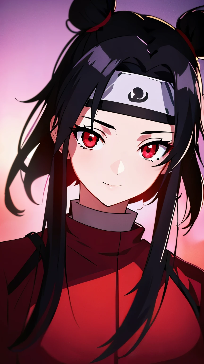 anime visual of a cute girl, young anime girl, an anime girl, ((Black hair)), ((Sharingan eyes)), red eyes, bun pigtails hairstyles, ((shinobi headband)), kunoichi, anbu armor, shinobi clothes, ((outside in the Forrest)), ((red ribbon around hair buns)), black clothes, (glowing eyes), high resolution, extremely detailed CG unity 8k wallpaper, ((masterpiece)), ((top-quality)), (beautiful illustration), ((an extremely delicate and beautiful)), (masterpiece, Best quality, ultra high resolution), 1 girl, pale skin, red eyes, Luminous_eyes, neon red eyes, ultra detailed eyes, Beautiful and detailed face, detailed eyes, (Centered, torso), (wide shot:0.9), facing the viewer, back towards camera, low angle, (floating hair), character focus, ((black light)), ((dark lighting)), cinematic lighting ,(darkness), (concept art), ((Happy face)), dark black hair, ((red eyes)), (wearing red shinobi dress), AAA cup, full body