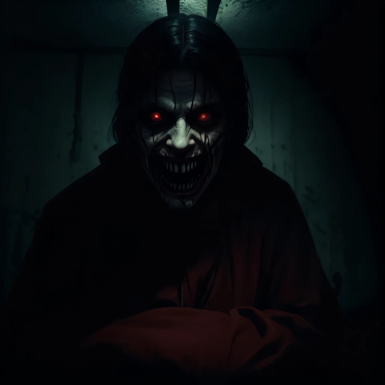 portrait of an insane man in asylum clothes sitting in a dark solitary confinement in a sanatorium laughing and laughing, sala escura sem luz, criatura em uma floresta sombria, retrato assustador em uma floresta, padded room of an insane asylum , Horror fantasy art, sorriso maligno e olhos pretos, ( ( ( Horror art ) ) ), sorriso perverso, homem bizarro, homem maligna, horrible forest, sala abandonada, Horror illustration, gore horror, Horror painting, nightmare illustration, Horror macabre face, homem olhos pretos, locked up maniac