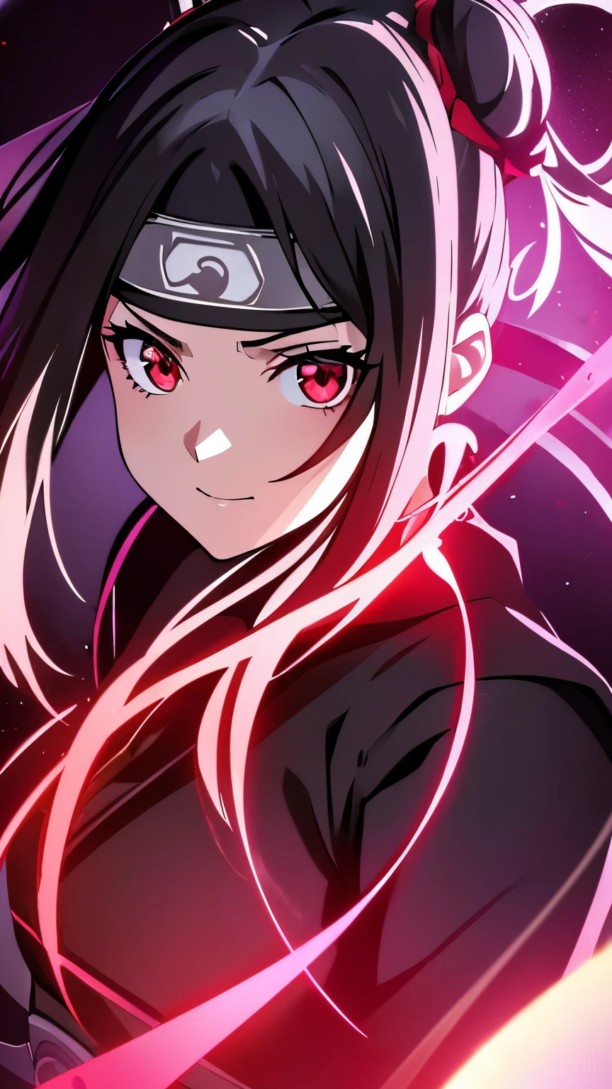 anime visual of a cute girl, young anime girl, an anime girl, ((Black hair)), ((Sharingan eyes)), red eyes, bun pigtails hairstyles, ((shinobi headband)), kunoichi, anbu armor, shinobi clothes, ((outside in the Forrest)), ((red ribbon around hair buns)), black clothes, (glowing eyes), high resolution, extremely detailed CG unity 8k wallpaper, ((masterpiece)), ((top-quality)), (beautiful illustration), ((an extremely delicate and beautiful)), (masterpiece, Best quality, ultra high resolution), 1 girl, pale skin, red eyes, Luminous_eyes, neon red eyes, ultra detailed eyes, Beautiful and detailed face, detailed eyes, (Centered, torso), (wide shot:0.9), facing the viewer, back towards camera, low angle, (floating hair), character focus, ((black light)), ((dark lighting)), cinematic lighting ,(darkness), (concept art), ((Happy face)), dark black hair, ((red eyes)), (wearing red shinobi dress), AAA cup, full body